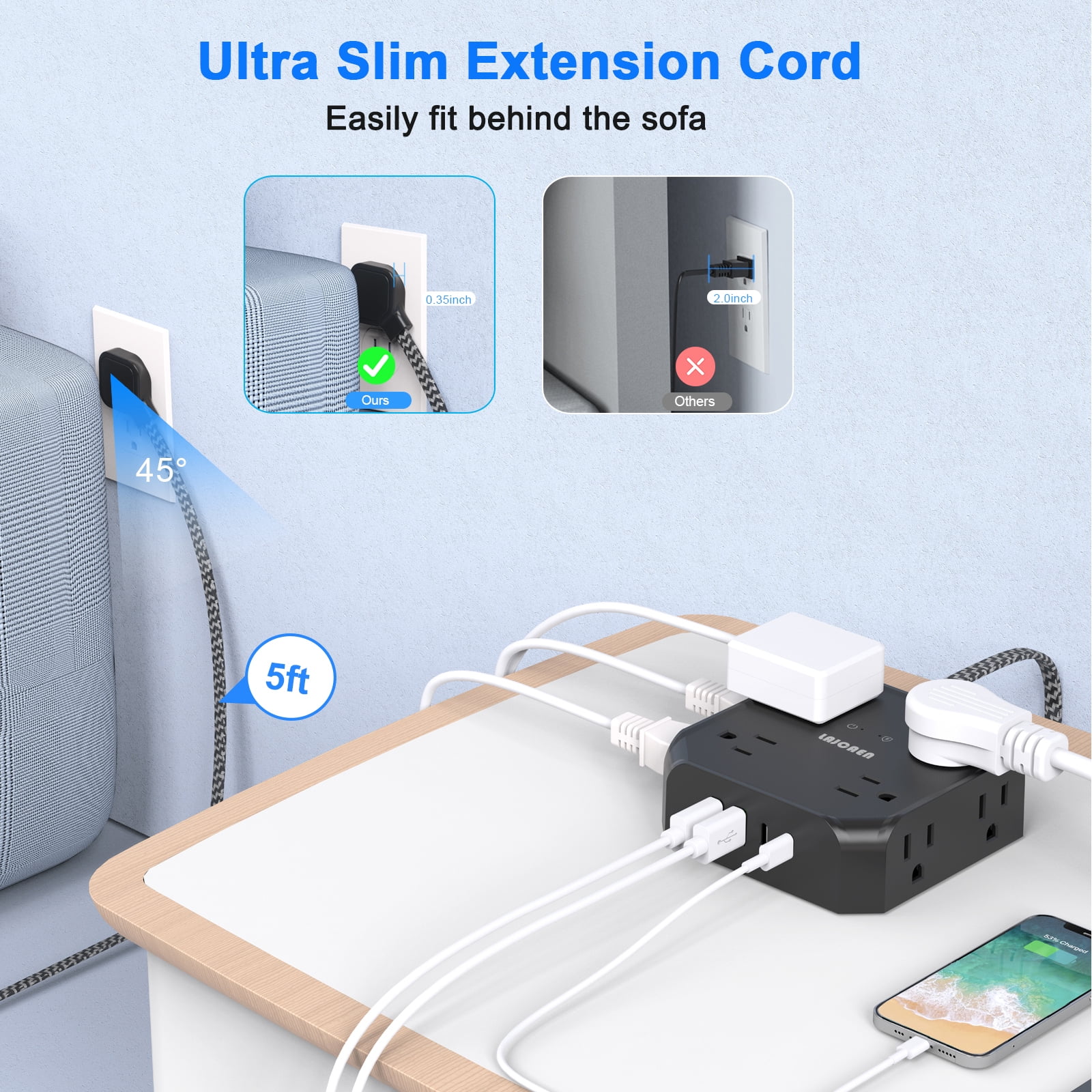 LAJCAEN Power Strip Surge Protector, 12-in-1 Extension Cord with 8 Outlets and 4 USB Ports (Black, 5 ft) 2pja8