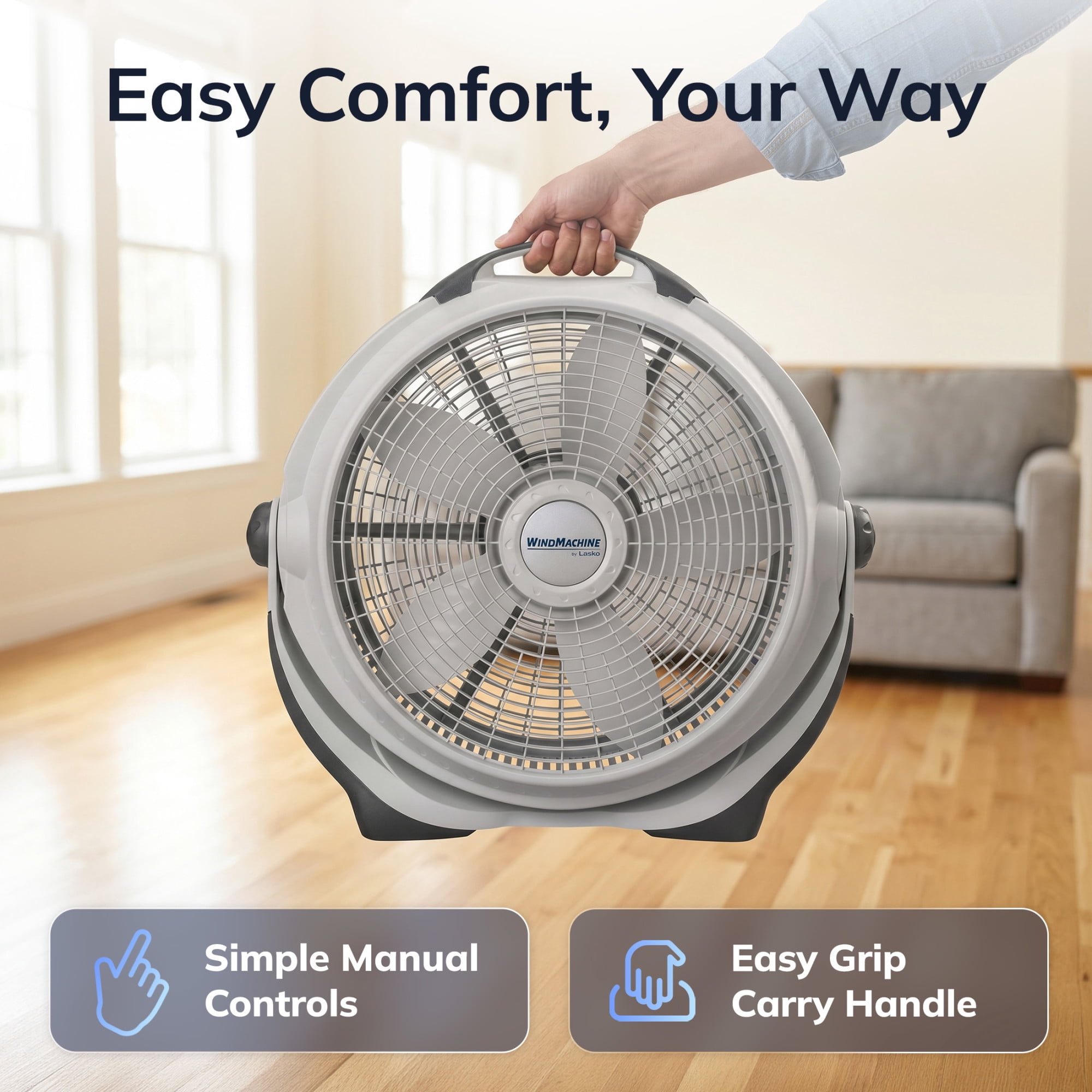 Lasko WindMachine 20 in High Performance Floor Fan, Pivoting Head Air Circulator for Whole Room Cooling (Gray, 20 in) klrro