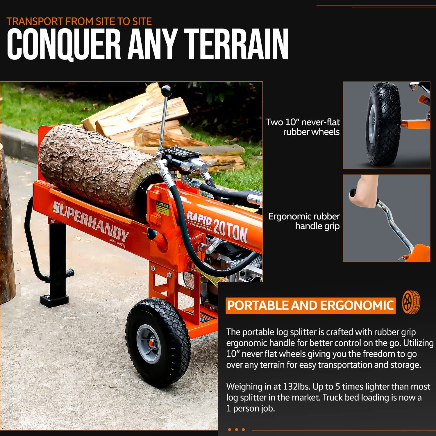 SuperHandy Gas Log Splitter (20 Ton, 7HP 212CC Engine, 16 in Diameter Capacity) m9sbe