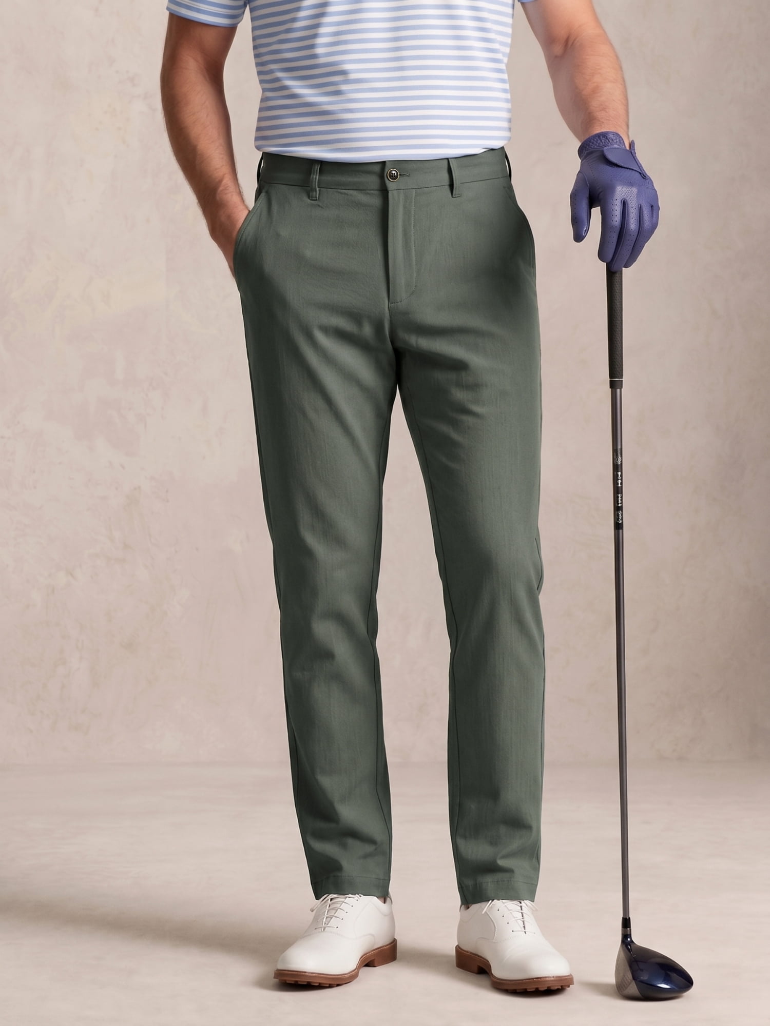 MEILIHUA Men's 4-Way Stretch Dress Pants Mid-Rise Straight Cut Elastic Waist (Green, 32x30) k6bsd
