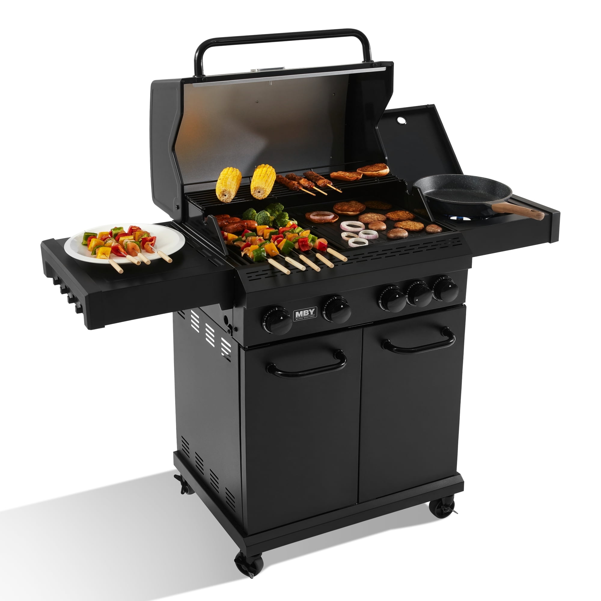 MAISON BACKYARDS 4-Burner Propane Gas Grill with Side Burner, 50,000 BTU Outdoor BBQ Grill with Cast Iron Grates and Griddle (Black, 480 sq. in.) b9ijy