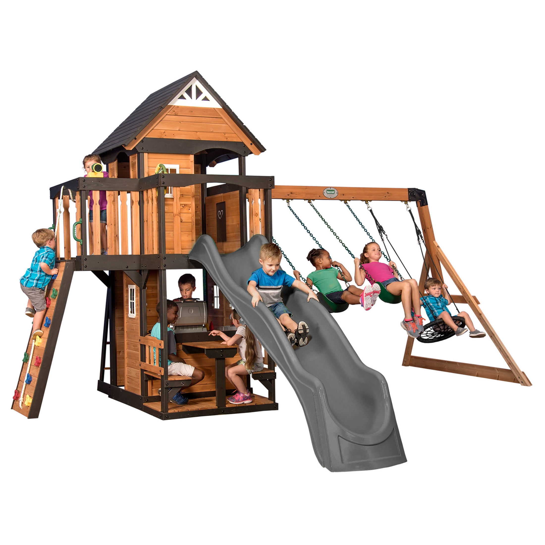 Backyard Discovery Canyon Creek Cedar Wood Swing Set with Clubhouse, Slide, and Rock Wall (Light Brown, 11-Child Capacity) jqat2