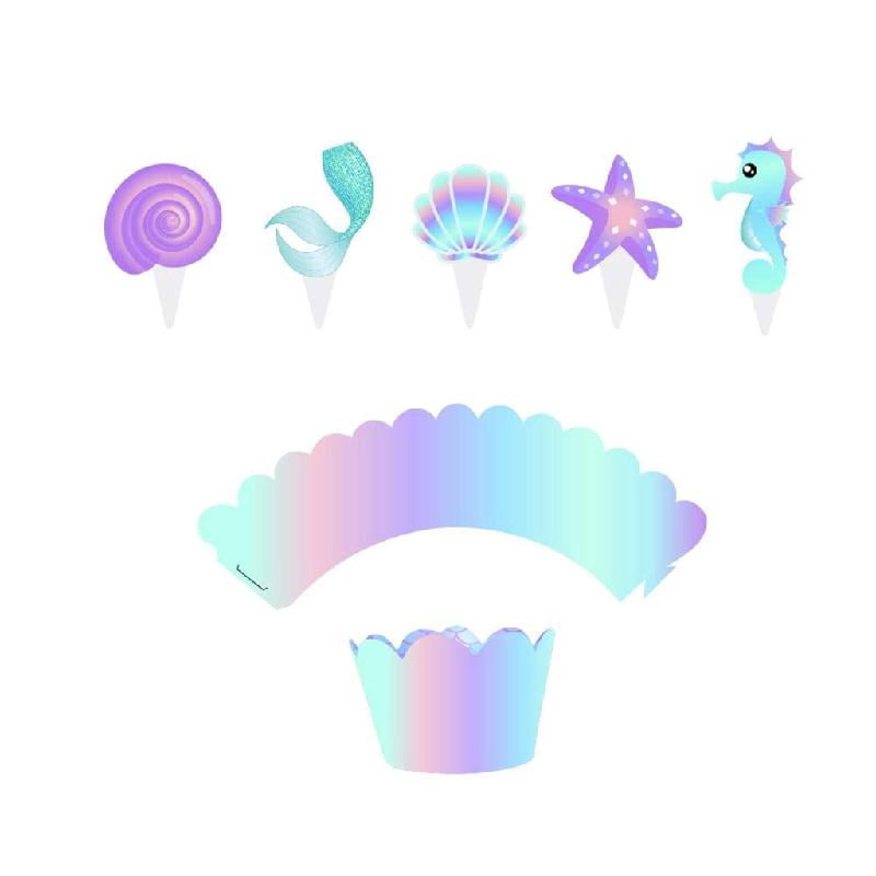 Zeiwohndc Mermaid Cupcake Toppers and Wrappers Set for Birthday Party Decorations (20 Pack) 461sx