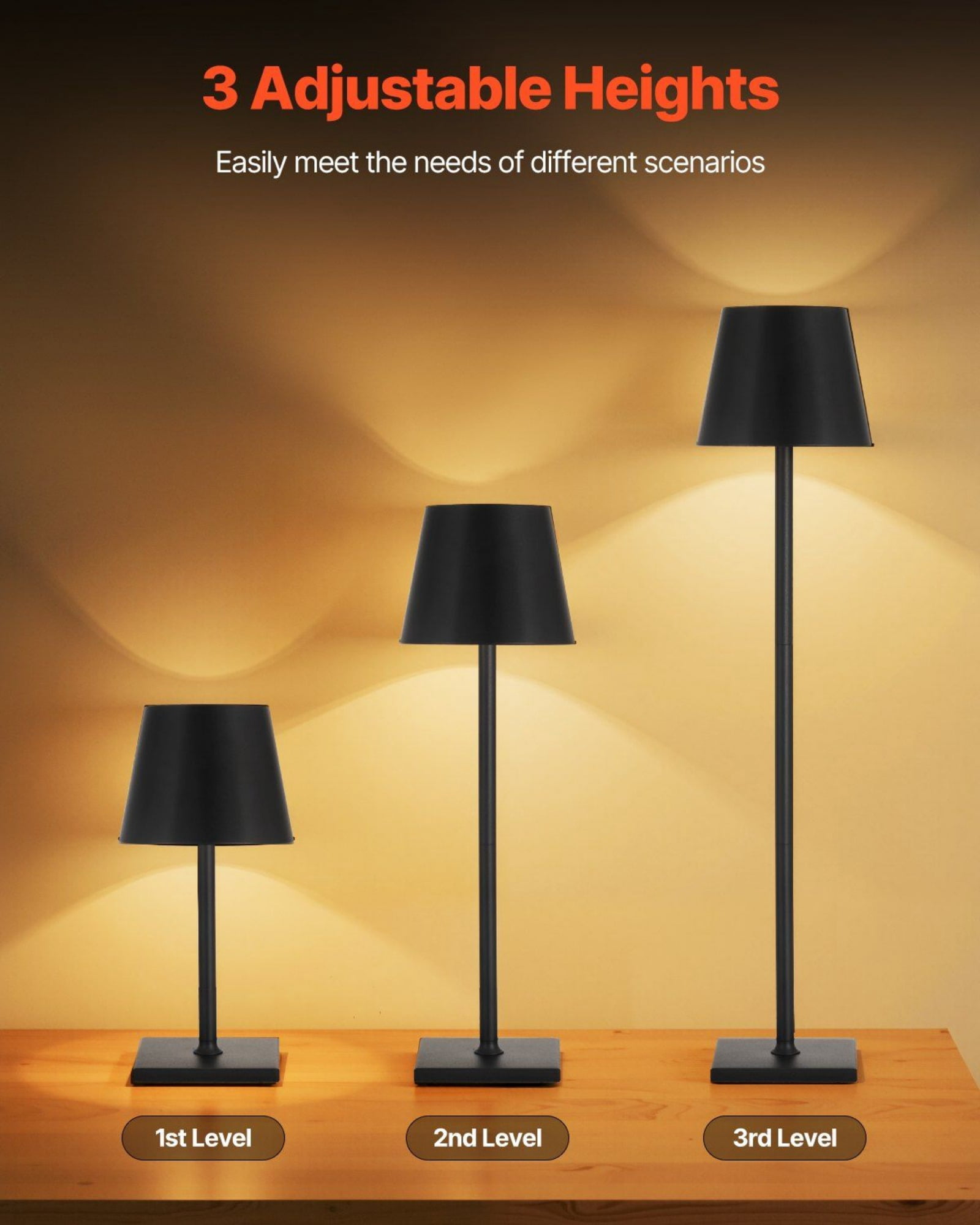 Generic Cordless Rechargeable Table Lamp, Adjustable Height LED Desk Light with Dimmable Touch Control (Black, 2-Pack, 19.69 in) dzdmm