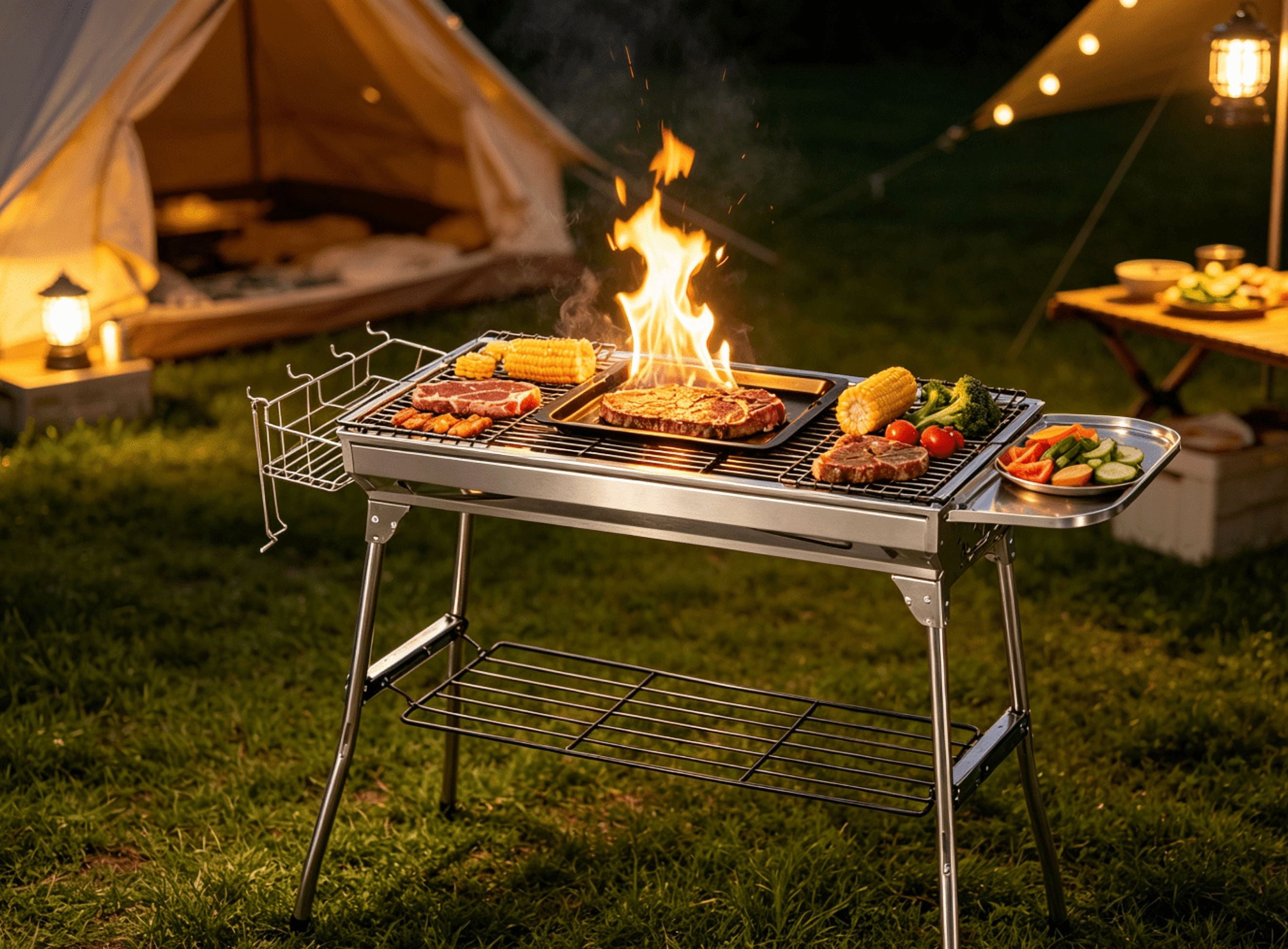 Alvantor Portable Stainless Steel Charcoal Grill, Outdoor BBQ Grill with Storage Shelf and Enamel Tray (Silver, 39.37 in) pzsr1