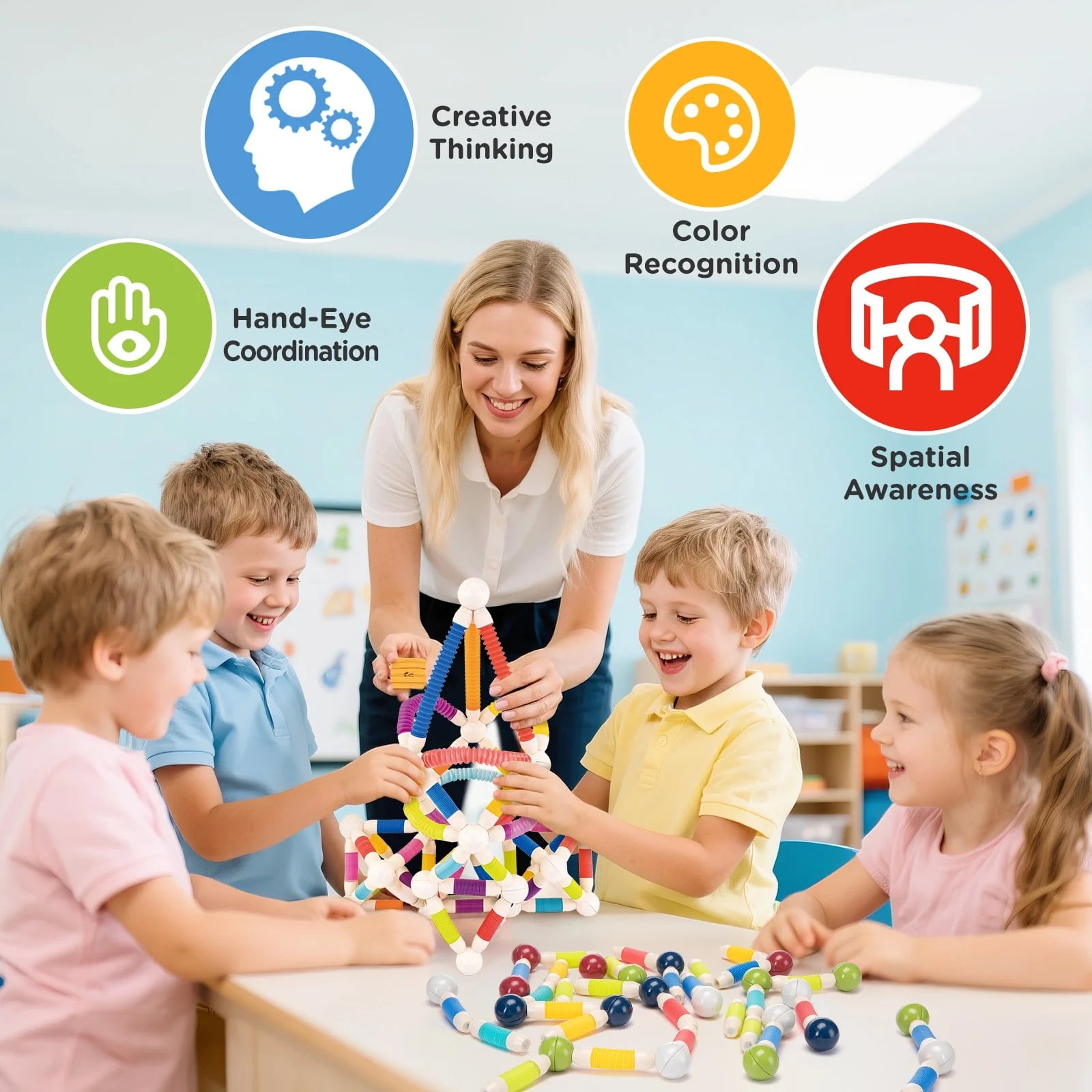 Toiyjofe Magnetic Building Set STEM Construction Toy with Flexible Tubes and Balls (48-Piece Set) 988m1