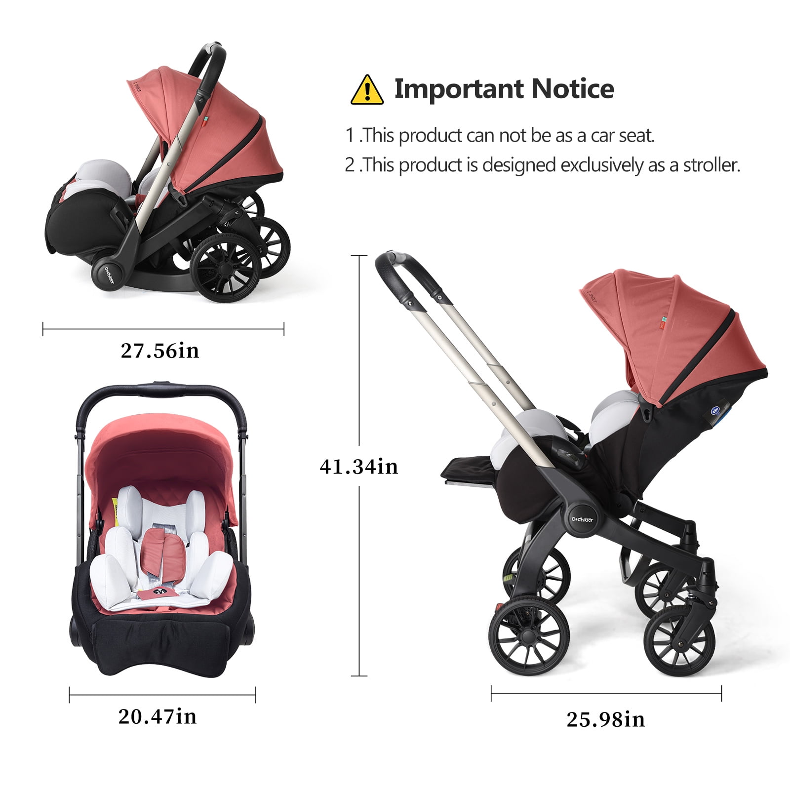 Cochildor Citi 2.0 Pro Baby Stroller, Parent-Facing with 3 Modes, Adjustable Handle, Lightweight Foldable Design (Pink, 23.55 lb) 570sp