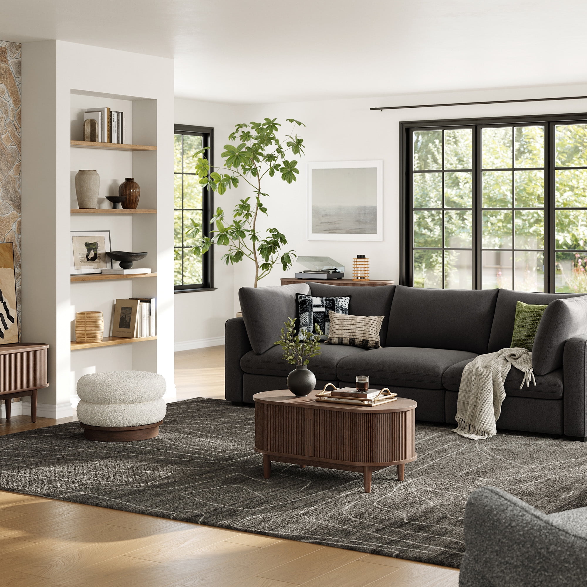 LINSY HOME Fluted Coffee Table with Storage, Mid-Century Modern Living Room Furniture with Sliding Tambour Doors (Walnut, 47.2 in x 23.6 in x 17.7 in) 3zusi