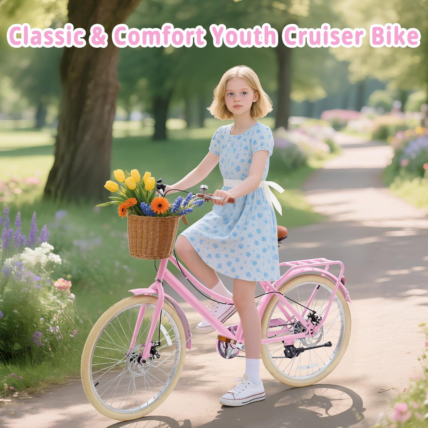 DEYGIA 20 Inch 7-Speed Retro Cruiser Kids Bike with Rattan Basket (Pink, 20 in) gt5nq