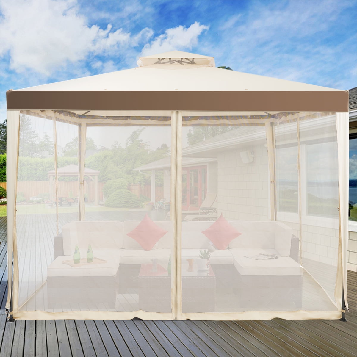 Costway Outdoor Event Canopy Tent with Mosquito Netting (Beige, 10 ft x 10 ft) 2gfqa