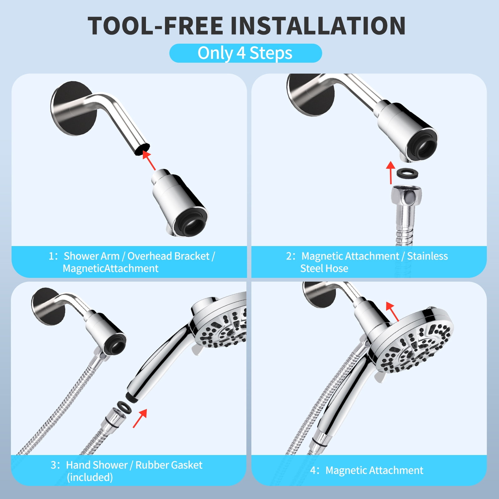 PHANCIR Magnetic Handheld Showerhead with 10 Spray Modes, High Pressure Anti-Clog Design, Integrated Water Filter (Silver, 5 in Panel, 59 in Hose) whxe0