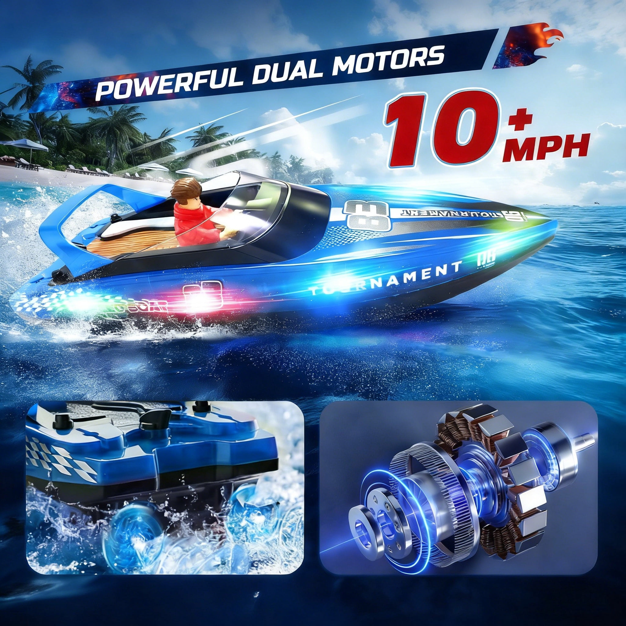 JoyStone RC Boat with LED Lights, Dual Motor Remote Control Racing Speedboat for Pools and Lakes (Blue, 10 in) dva7n
