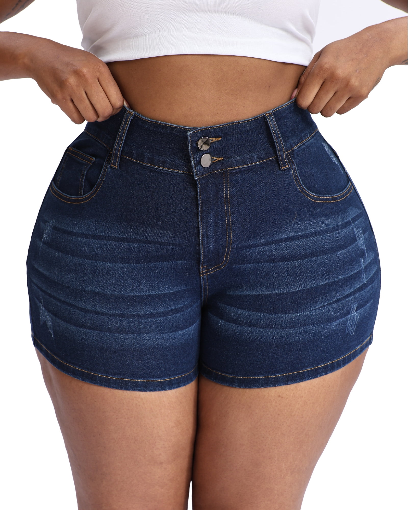 Gocolloa Plus Size High Waisted Denim Shorts for Women Stretchy Leg-Shaping Jean Shorts (Dark Blue, 16W) j35d9