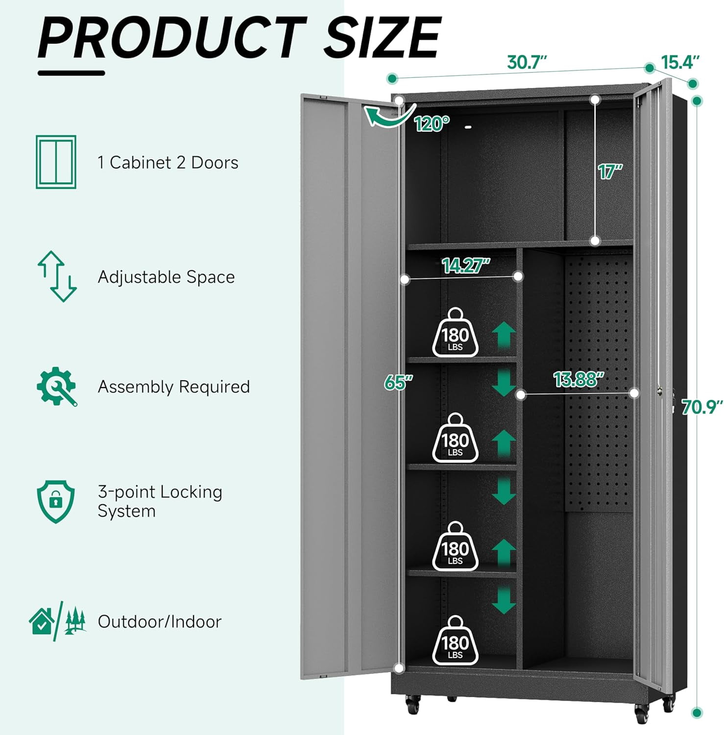 Kooyon Metal Garage Storage Cabinet with Locking Doors and Adjustable Shelves (Black, 72 in H x 36 in W x 18 in D) dq2e3