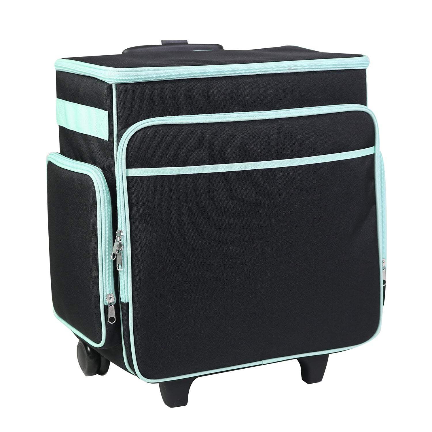Everything Mary Rolling Scrapbook Case, Portable Craft Organizer with Telescoping Handle and Wheels (Black/Teal, 18 in x 14 in x 10 in) 9d2lf