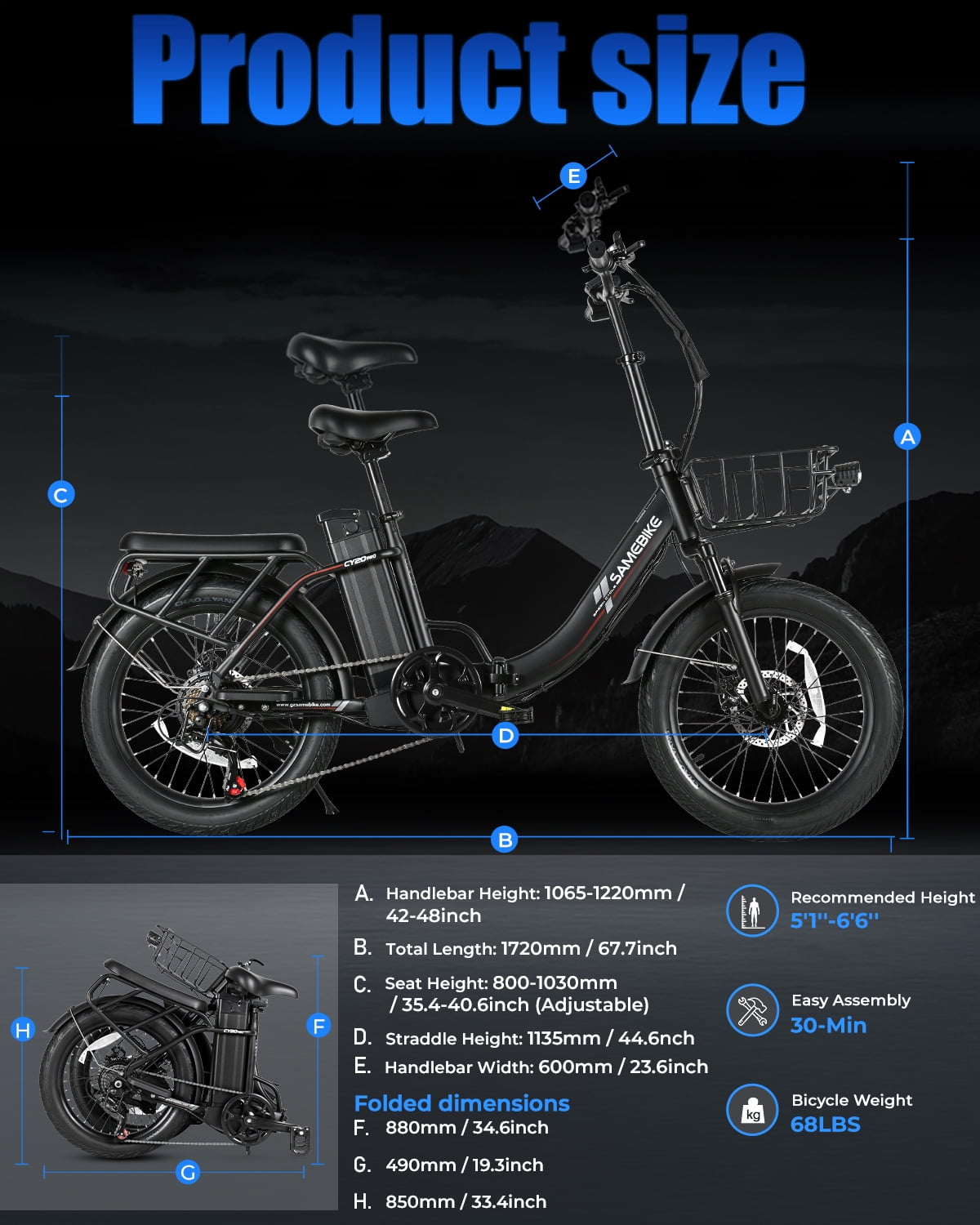 SAMEBIKE Electric Bike for Adults 20 in Fat Tire Folding Ebike with 1200W Motor and 48V 13Ah Battery (Black) xdw8n