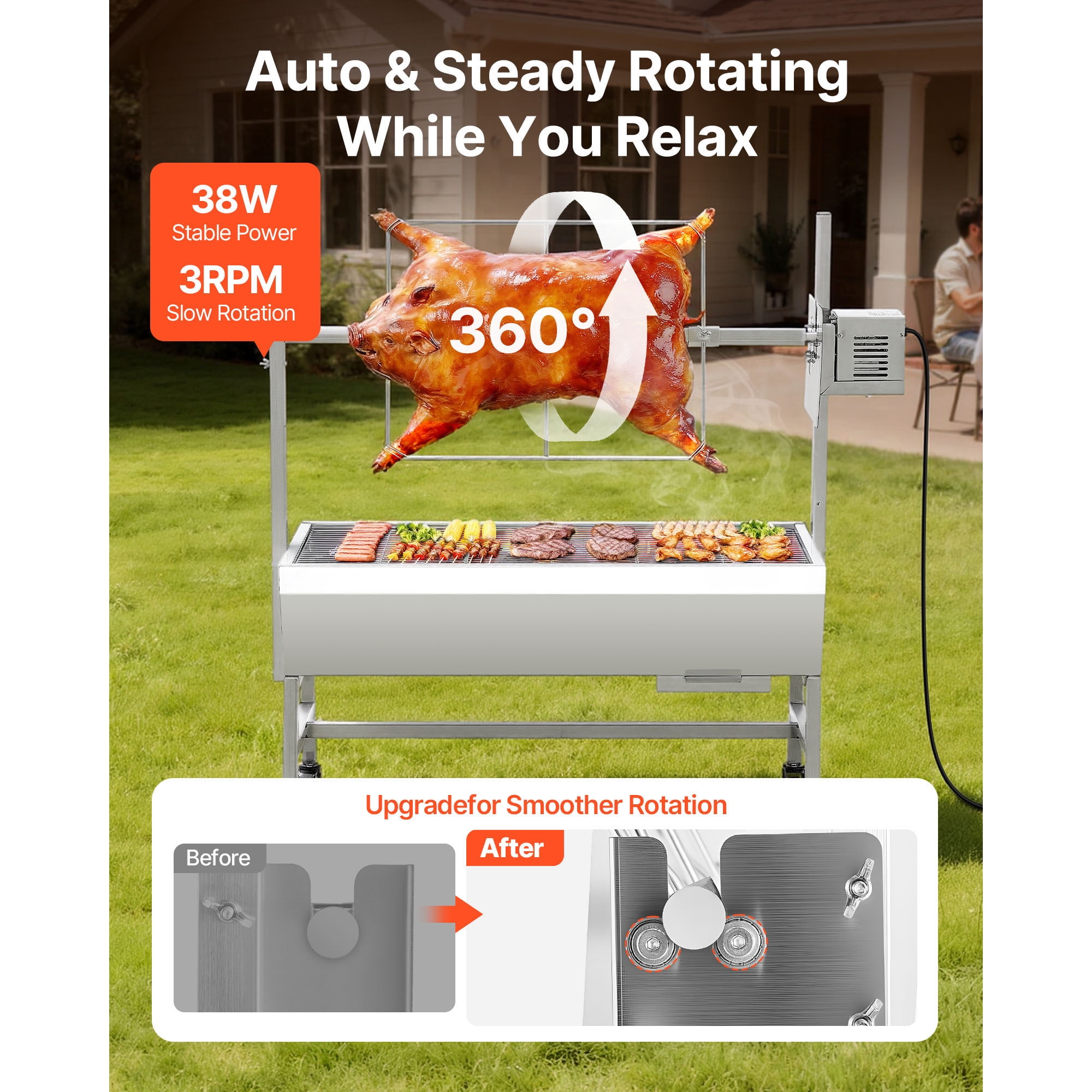 KFFKFF Outdoor Rotisserie Grill with 38W Motor, Heavy-Duty Charcoal Spit Roaster for Pig and Lamb (Black, 132 lb Capacity) hiqbq