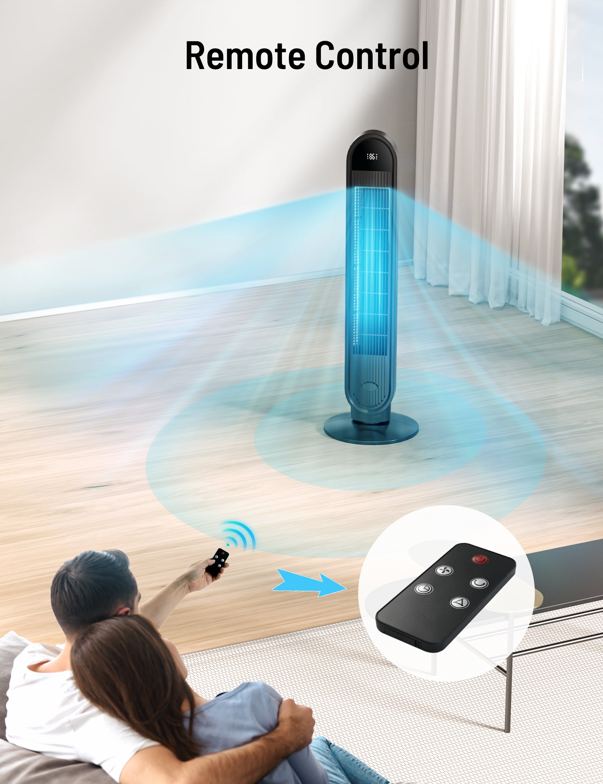 Paris Rhône Oscillating Tower Fan with Remote and LED Display (Black, 38 in) fcik9