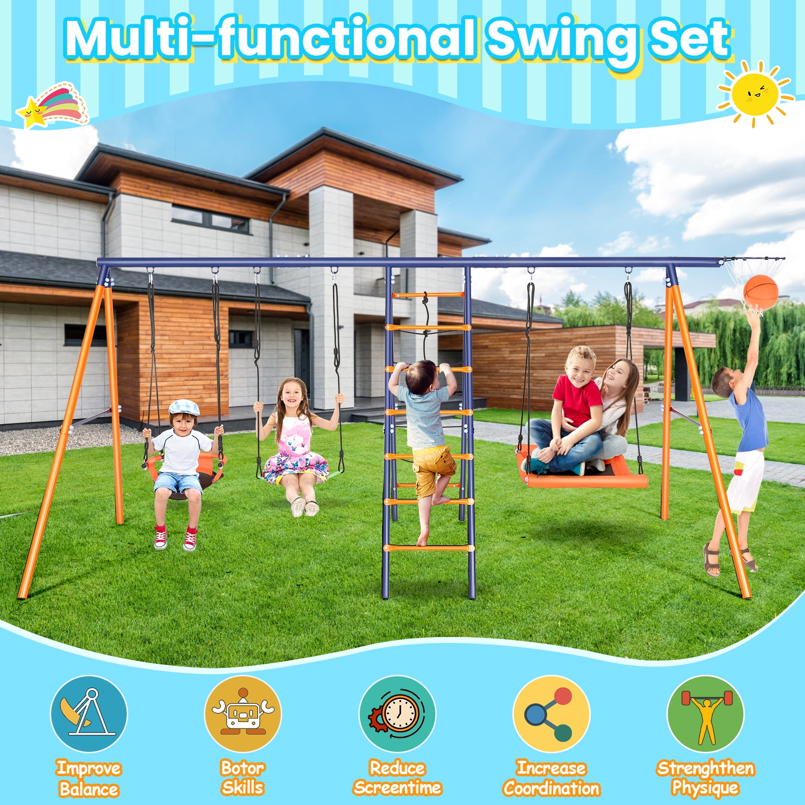 Veeboto 6-in-1 Outdoor Swing Set, Heavy-Duty Metal Backyard Playground with Climbing Ladder and Basketball Hoop (Orange, 700 lb Capacity) fn8wc