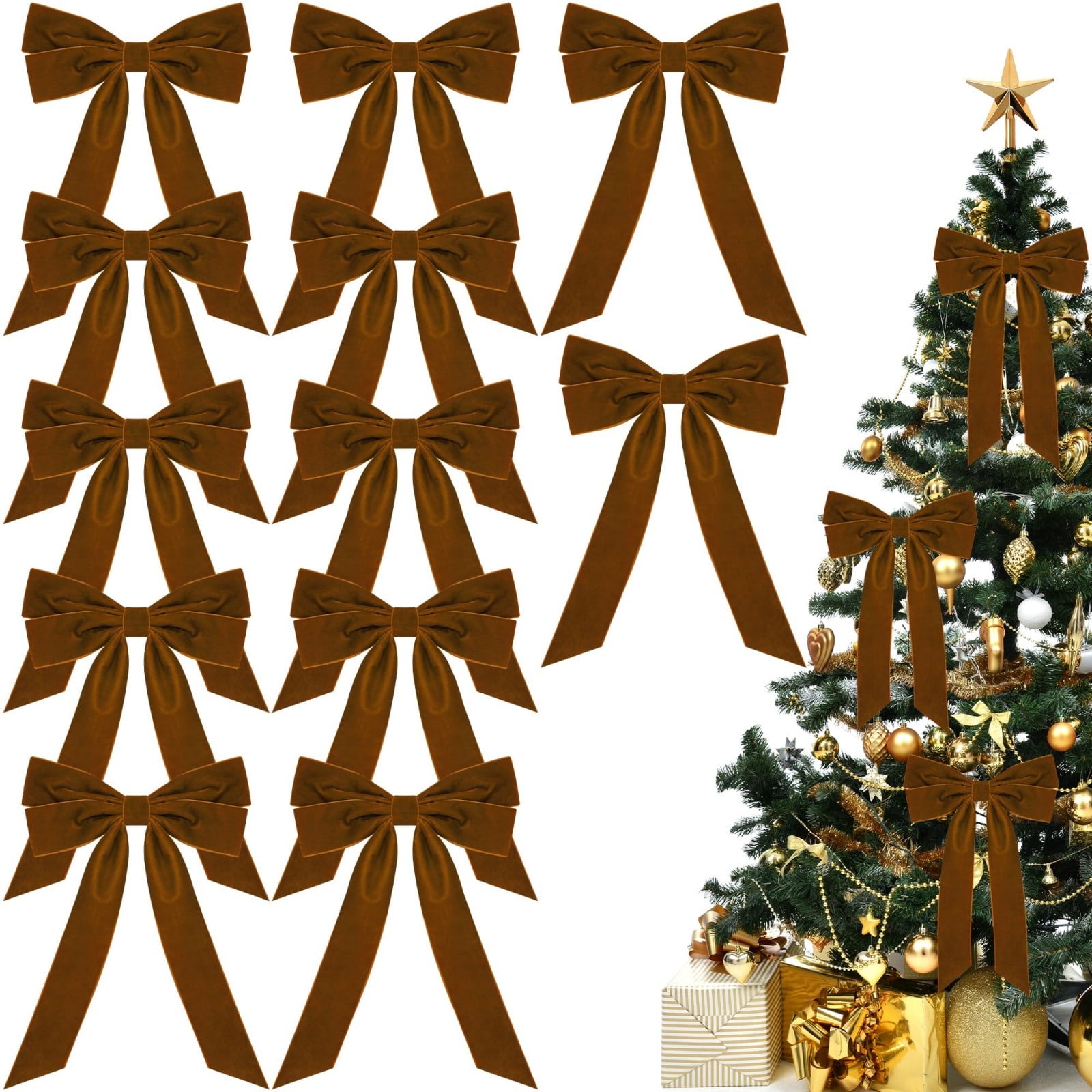 Hzgobj Velvet Christmas Tree Bow Decorations, Luxurious Ribbon Ornaments for Wreaths and Gift Wrapping (Brown, 12-Pack) vnmpd