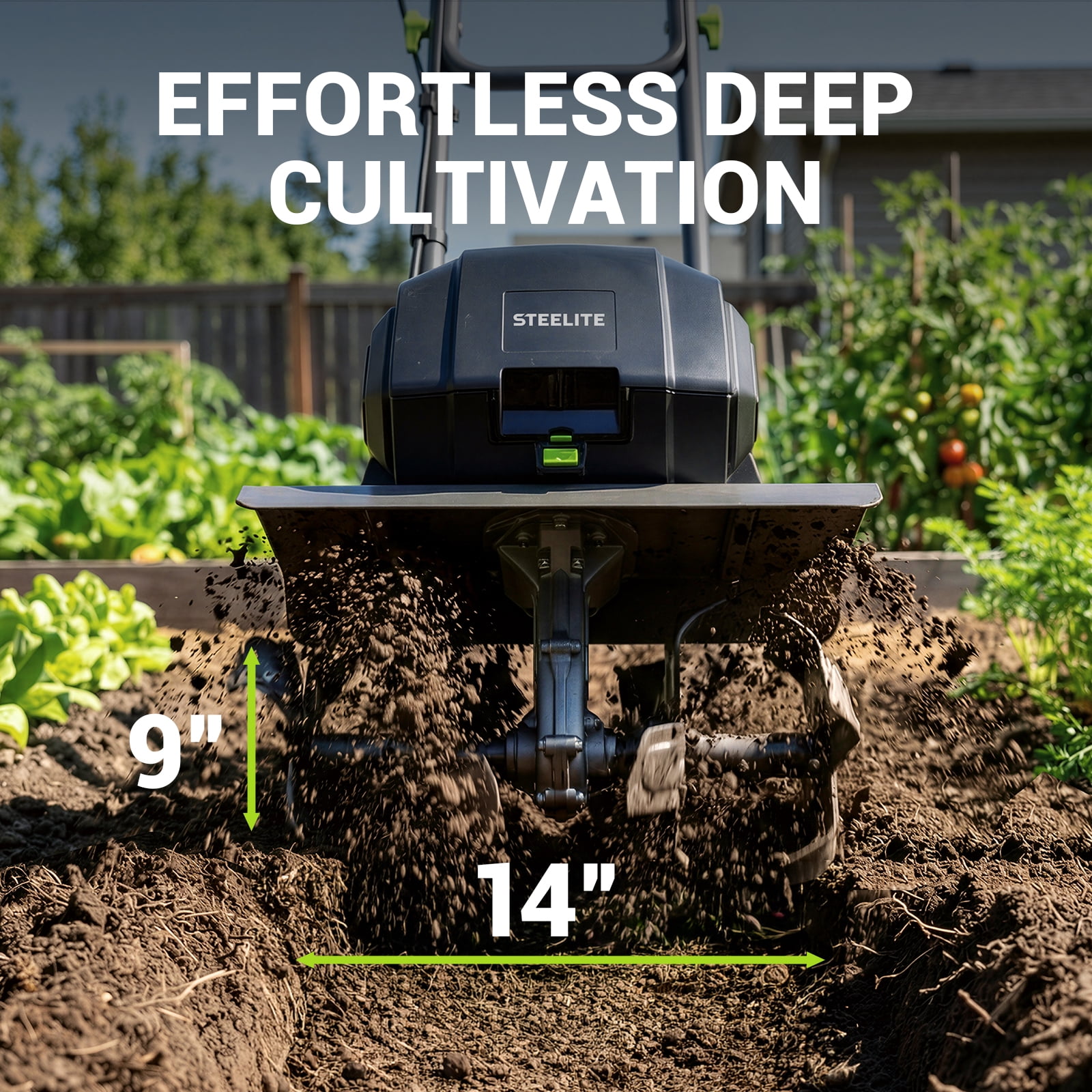 Steelite 42V Cordless Garden Tiller with Brushless Motor, 14-Inch Width, Includes Dual 4.0 Ah Batteries 972uf