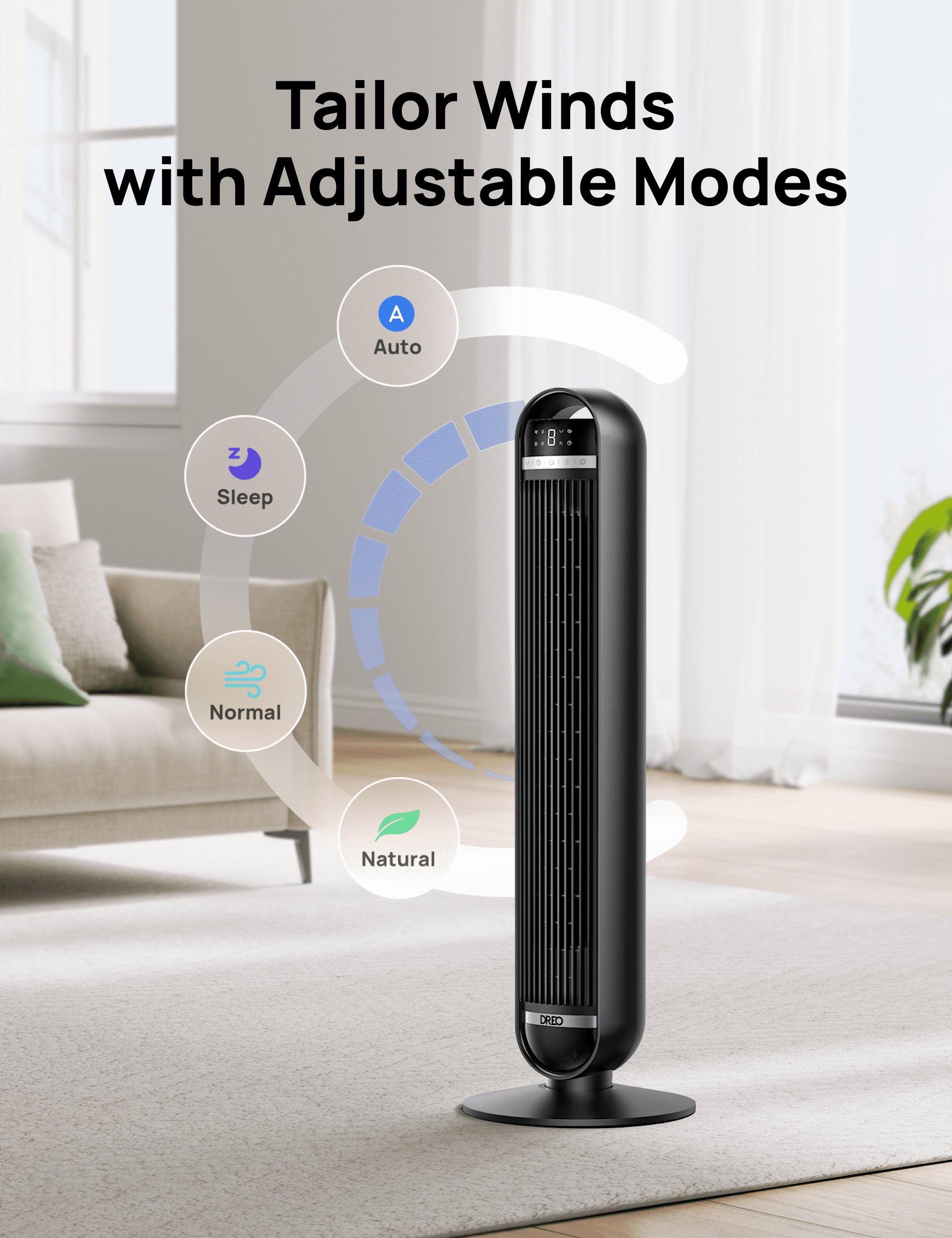 DREO Nomad DC Tower Fan, Quiet Oscillating Floor Fan with Remote Control (Black, 36 in) v825l
