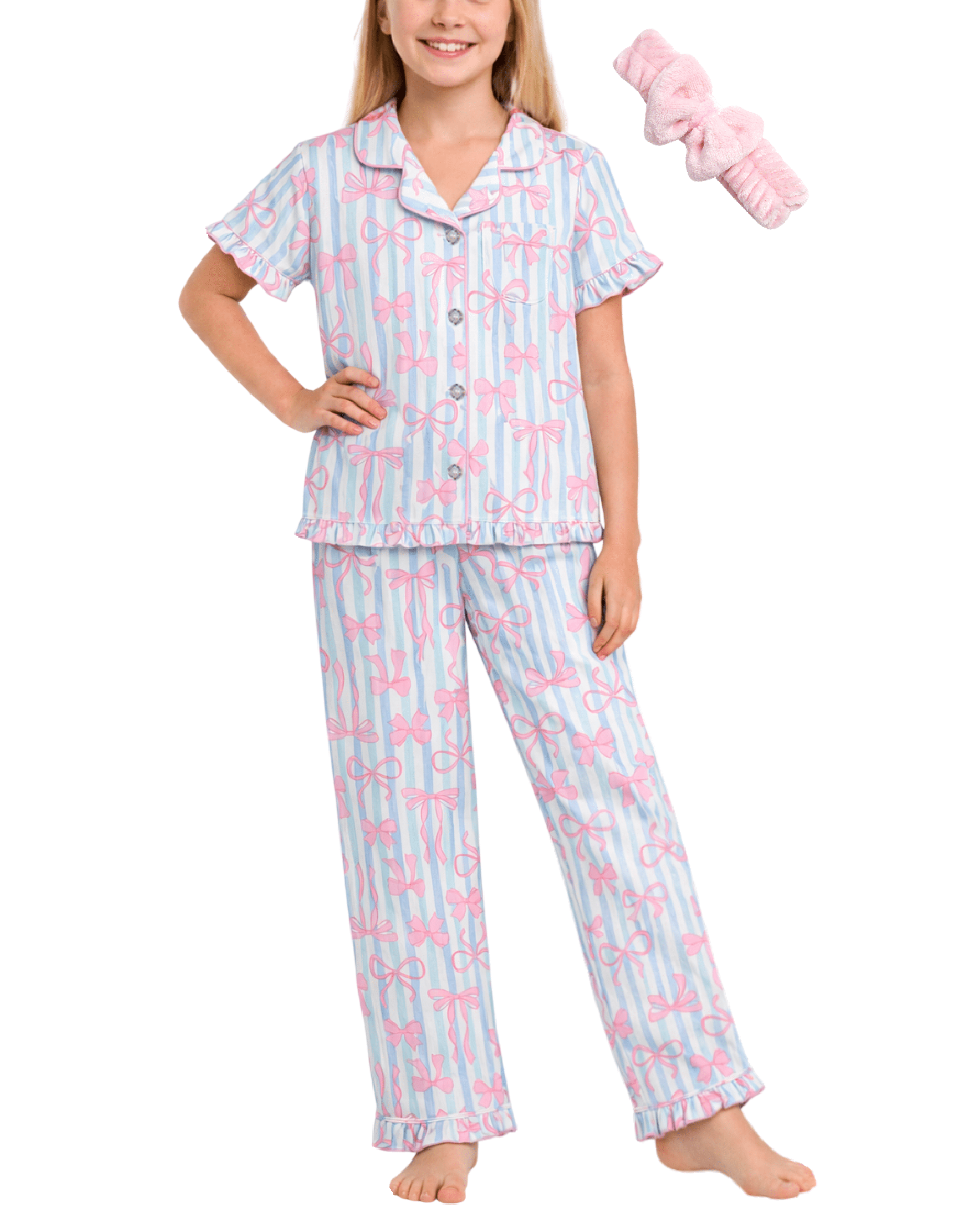dELiA*s Girls Pajama Set Soft Cozy Button Down Sleepwear with Spa Headband (Pink, 2 Piece) wor9n