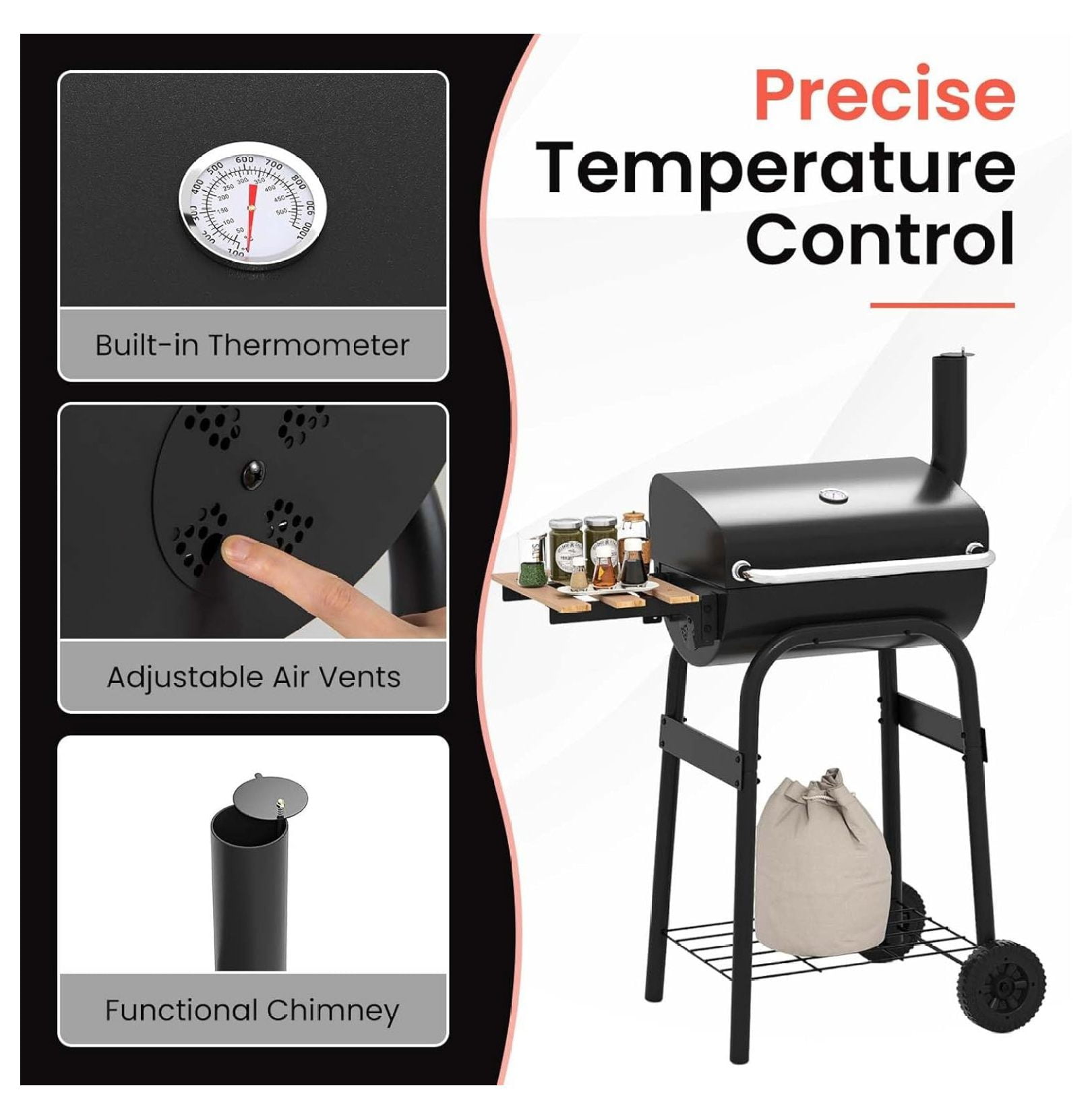 SHUZHIWANSHANG Charcoal Grill, Outdoor BBQ Smoker with Foldable Side Table and Wheels (198 sq in) e2x14