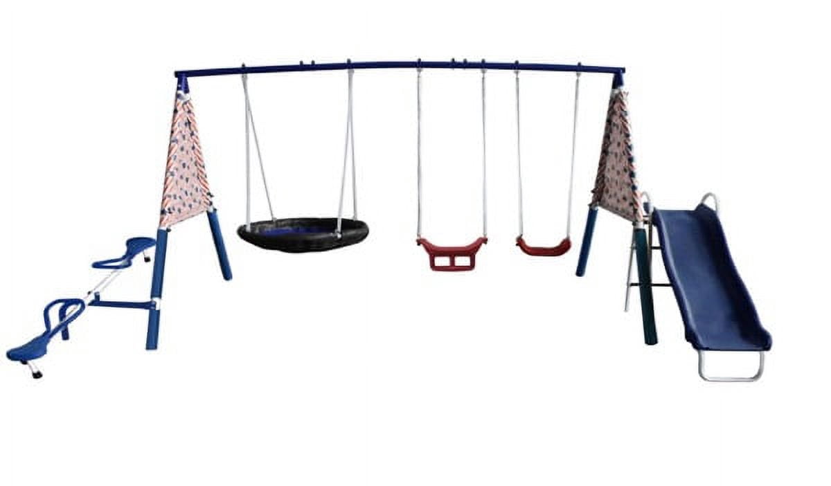 XDP Recreation Freedom Fun Metal Swing Set with Super Disc Saucer, See-Saw, and Slide (White, 128 in W x 91 in D x 74 in H) b6pmt
