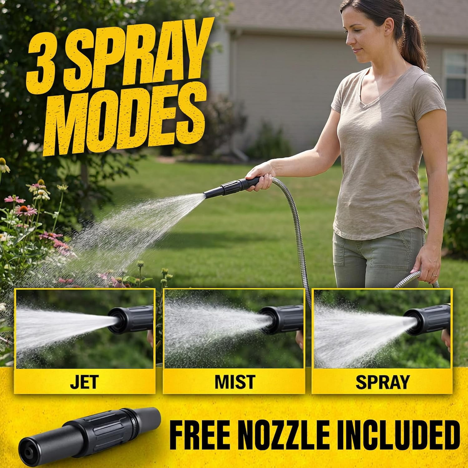 Bionic Steel Stainless Steel Garden Hose with Sprayer Nozzle, Heavy Duty Kink-Free Flexible Water Hose (Silver, 100 ft x 0.625 in) xeoks