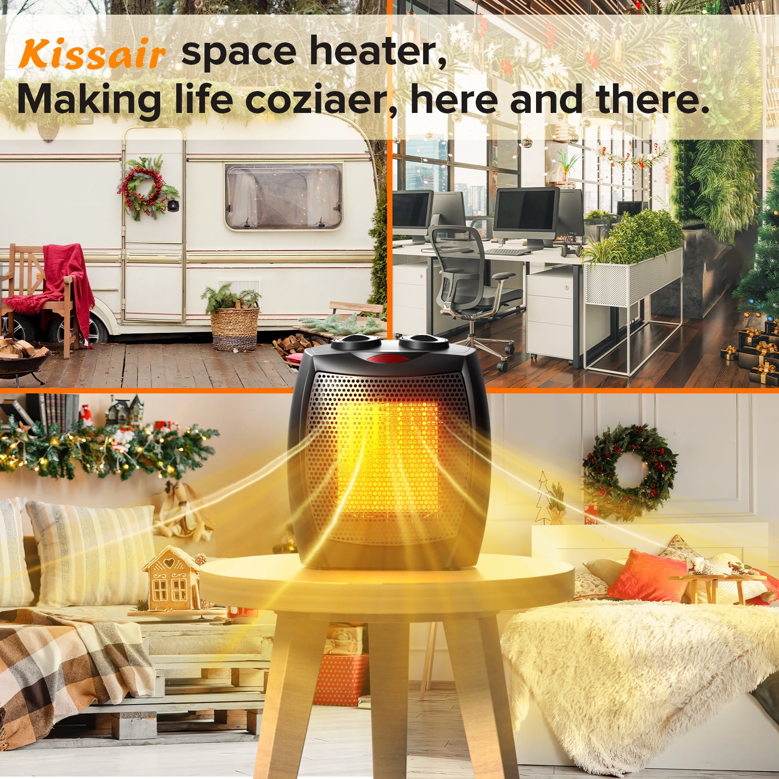 KissAir Portable Ceramic Space Heater (1500W, Black, 8.07 x 7.13 x 5.51 in) 2hx06