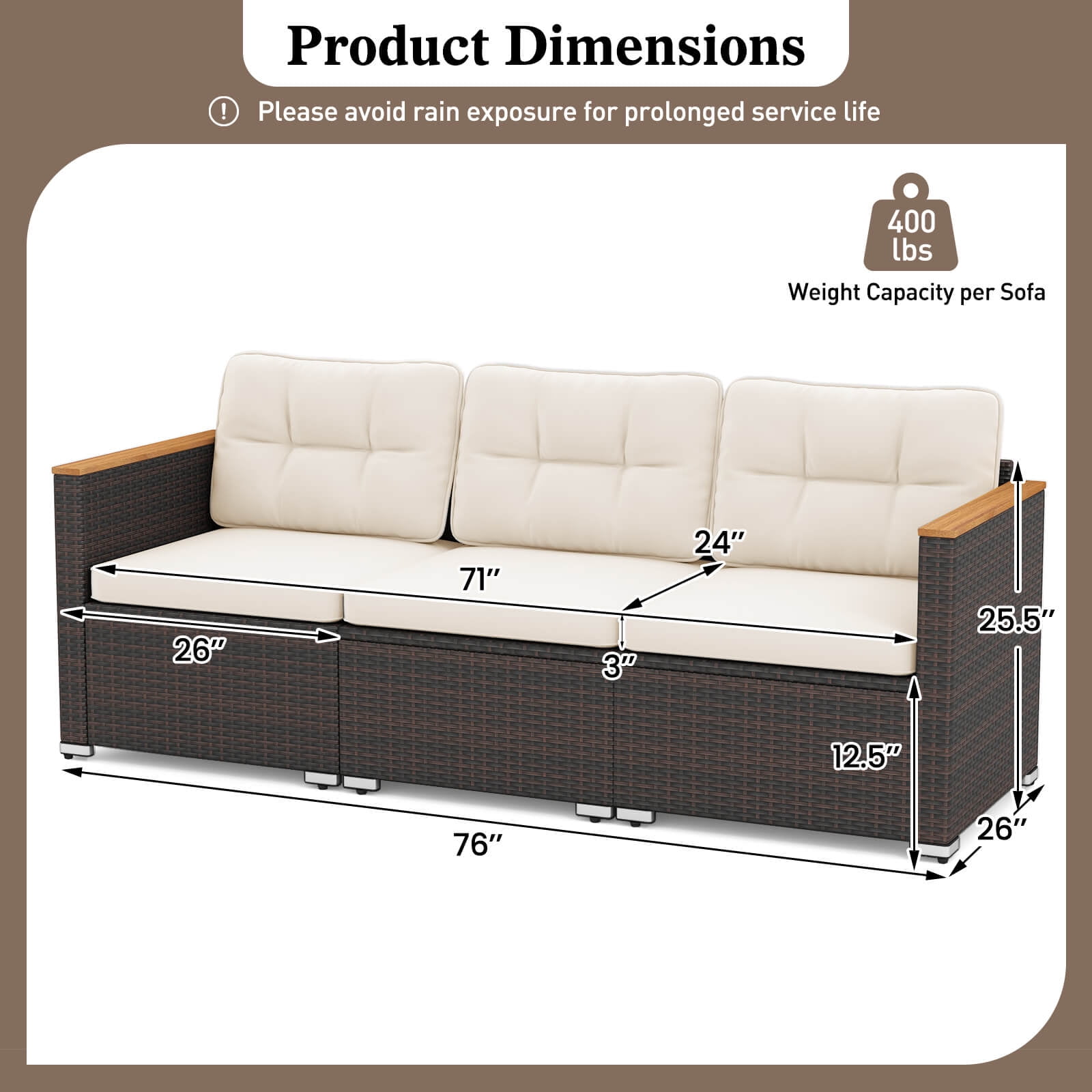 Costway 3-Seat Patio Sofa PE Rattan Wicker Outdoor Furniture Set (White, 76 in x 26 in x 25.5 in) 7z5df
