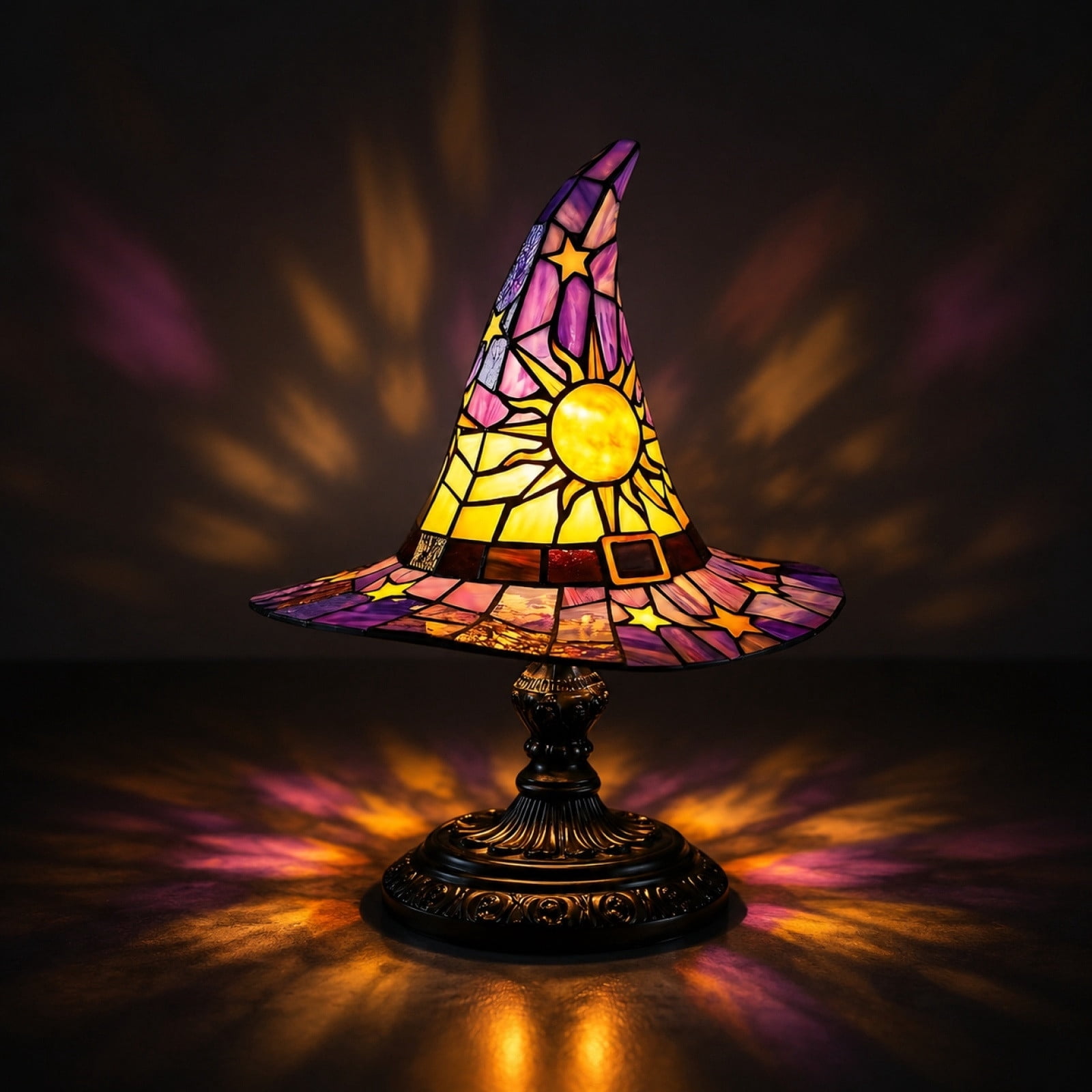 Outtop Halloween Witch Hat Stained Glass Table Lamp, Tiffany-Style LED Night Light with Sun and Star Motifs (Purple, 7.09 in) i3tdw