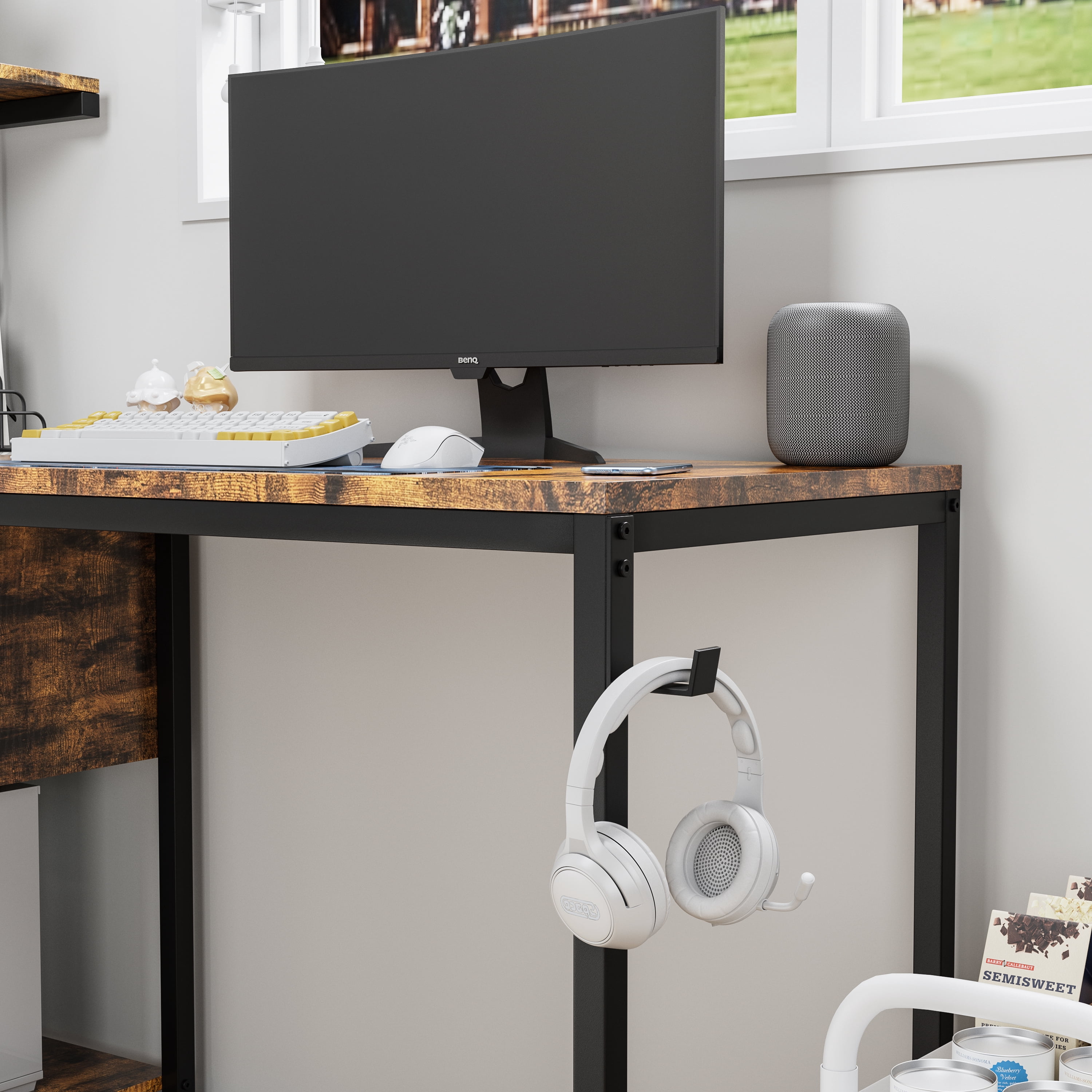 PuppyCheer Computer Desk with Power Outlet and Storage Shelves, Home Office Workstation with USB Charging Station (Brown, 48 in) on46h