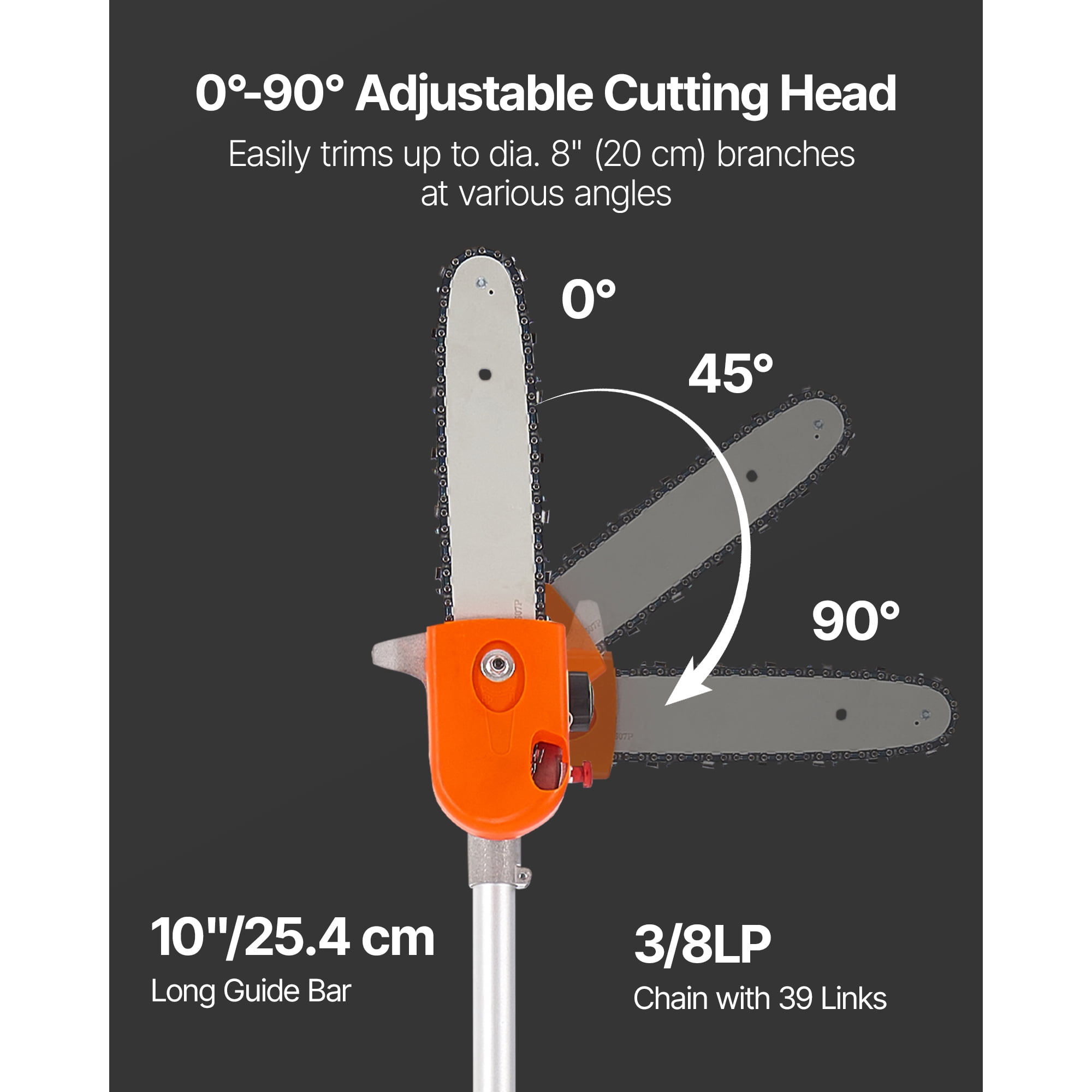 KFFKFF Gas-Powered Pole Saw, 43CC 2-Stroke Engine, 10-Inch Cutting Bar, Adjustable Head, Extendable Reach (Orange, 6.9 to 11.8 ft) g92w3