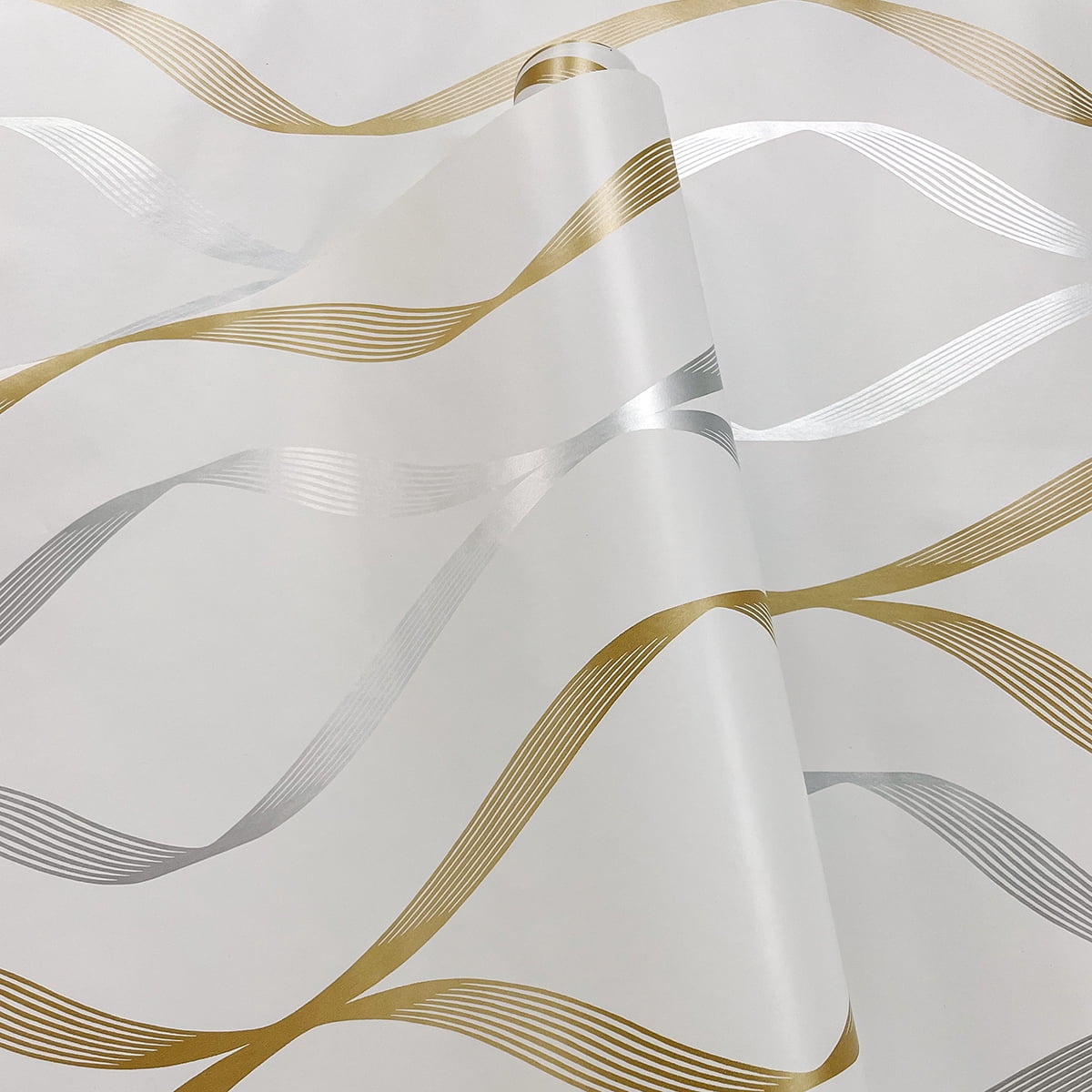 NextWall Ogee Ribbon Peel and Stick Wallpaper (Silver and Gold, 20.5 in. x 18 ft.) xie6h