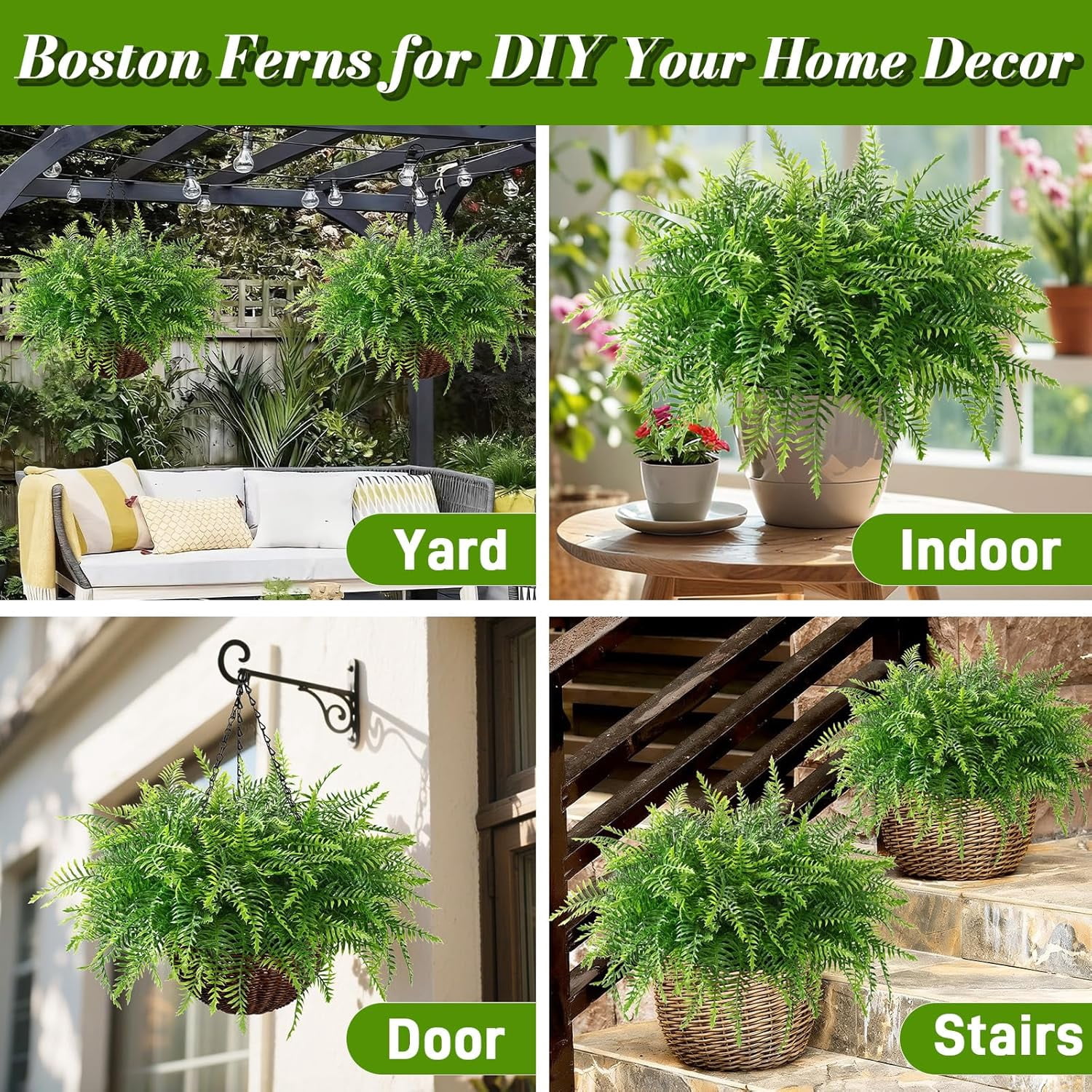 Yastouay Artificial Hanging Boston Ferns with Baskets, UV-Resistant Faux Plants for Indoor and Outdoor Home Porch Decor (Green, 2 Pcs, 17 in) xziwy