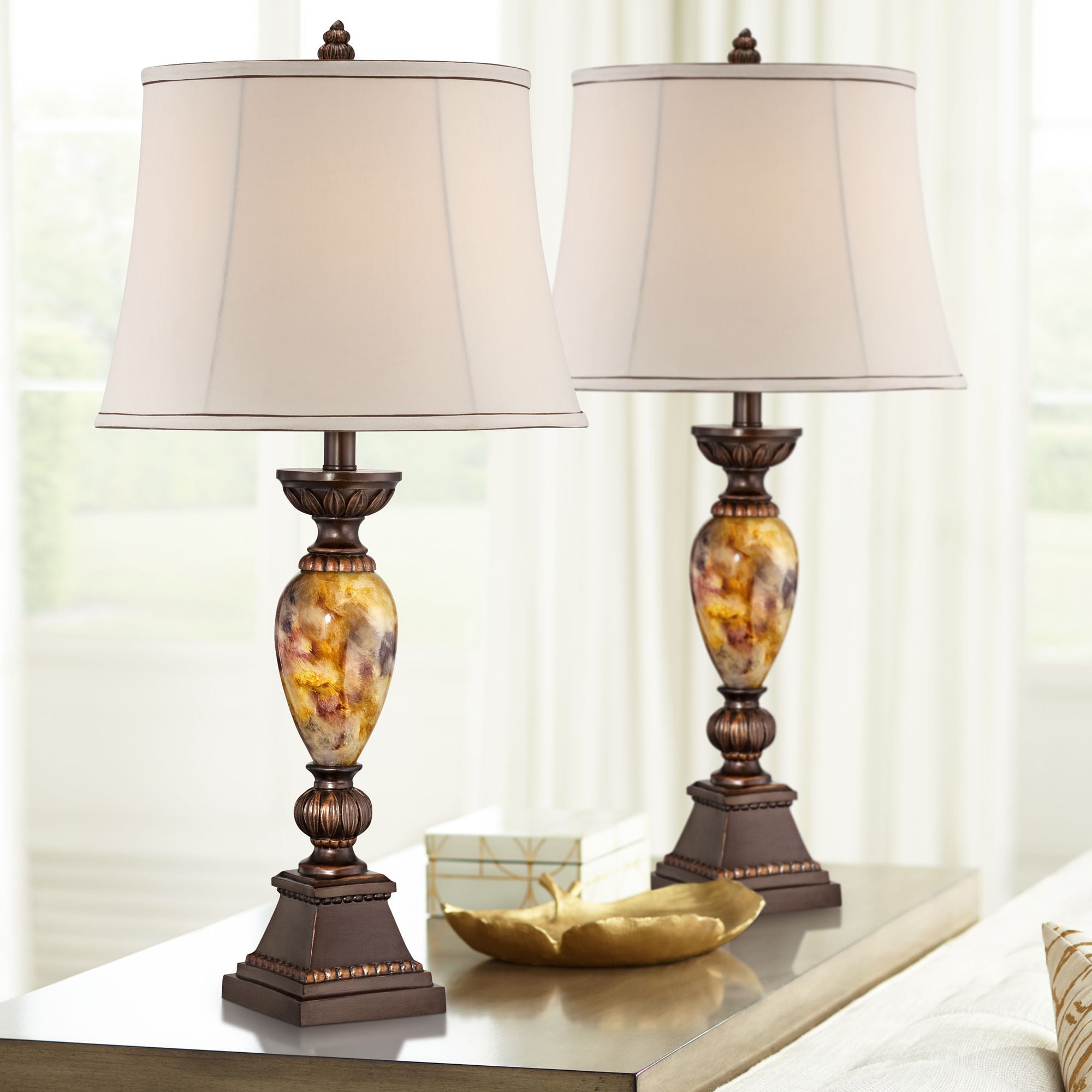 Kathy Ireland Vintage Table Lamps Set of 2, Aged Bronze Marbleized Finish with Off-White Oval Shade (30 in) zavfc