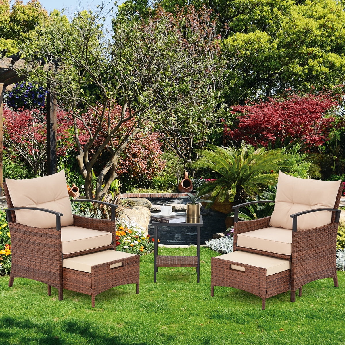 U-HOMY 2-Person Patio Conversation Set with Cushions and Footrests (Beige, 2-Piece) dj4yk