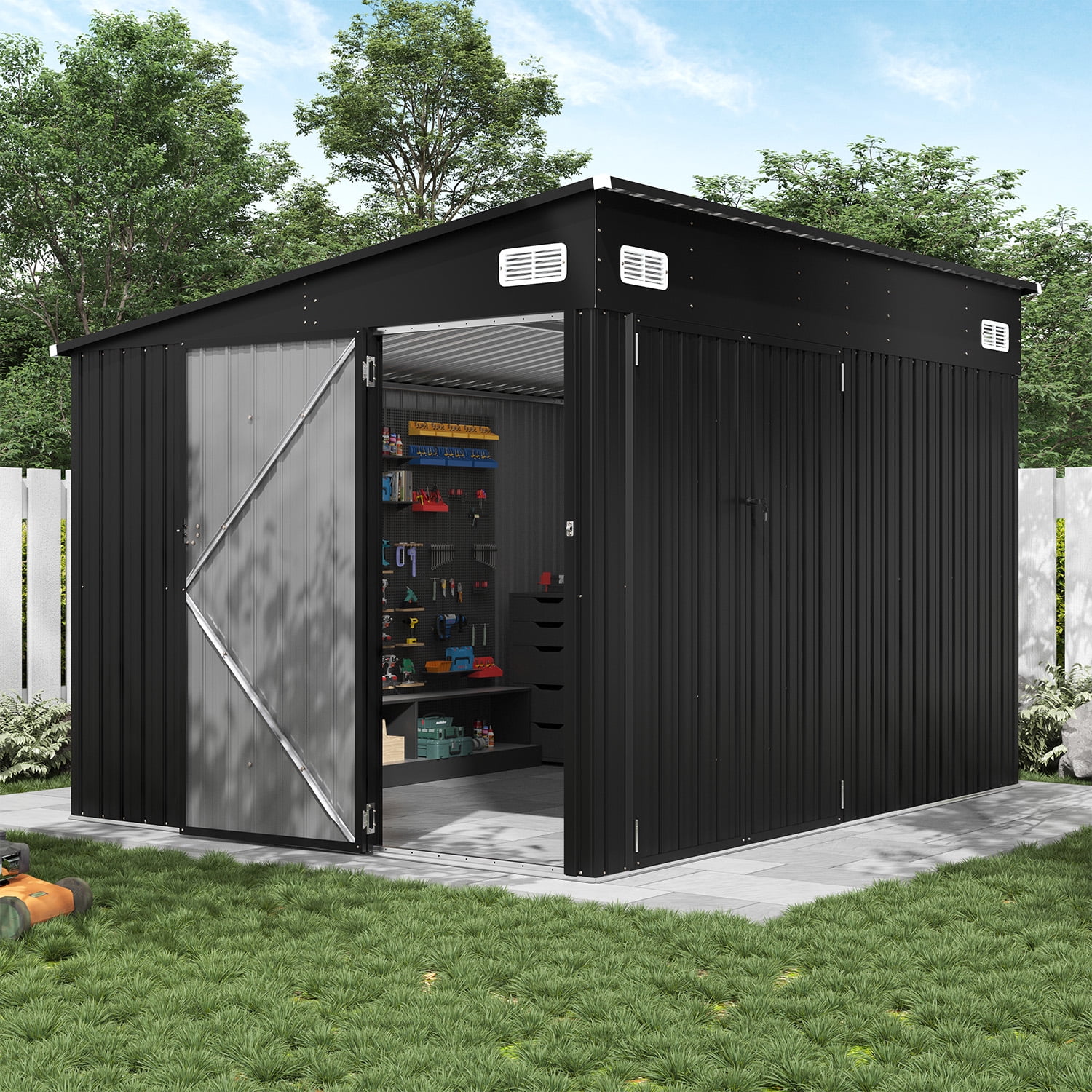 BaPiPro Lean-to Metal Storage Shed, Outdoor Garden Tool Organizer with Triple Lockable Doors and Vents (Black, 10 ft x 8 ft) tlqvs