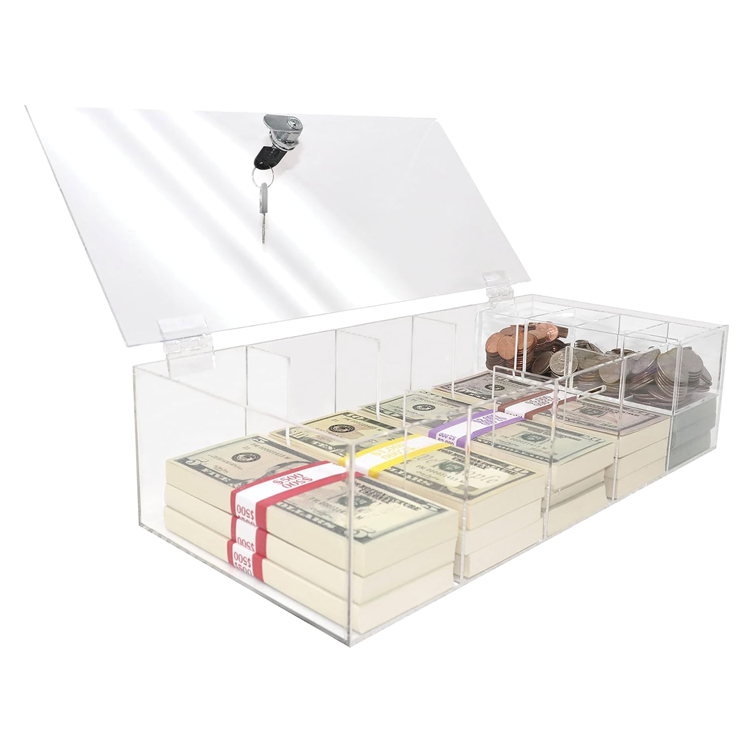 Nadex 5-Compartment Currency Tray with Locking Cover and Removable Coin Insert (Clear, 15.38 in x 7 in x 4 in) qcy04 - Image 7