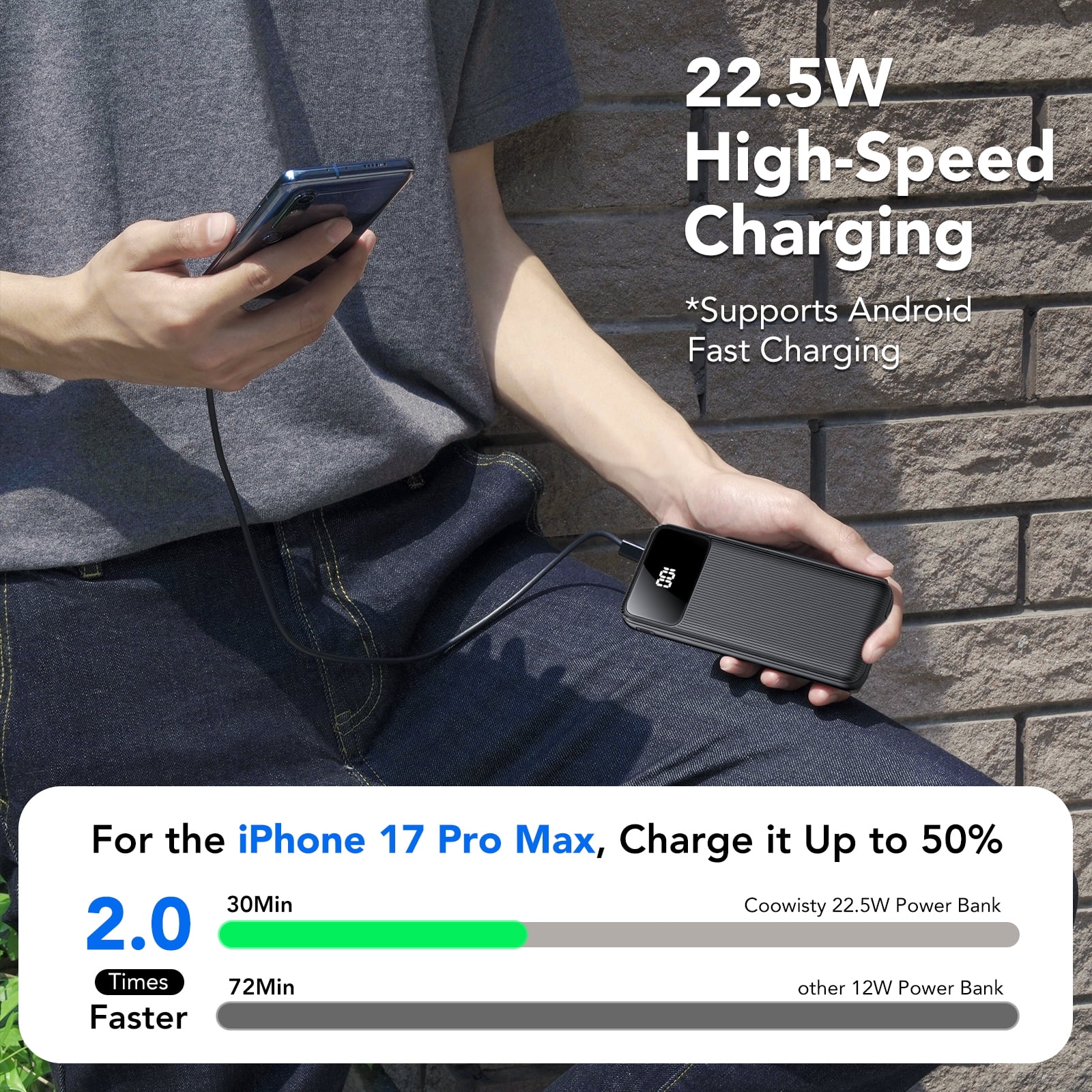 Tikland 20,000mAh Portable Charger Power Bank with Built-in Cables (22.5W Fast Charging, LED Display, Black) dhr48