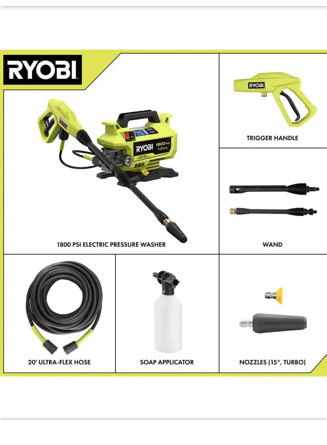Ryobi 1800 PSI 1.2 GPM Electric Pressure Washer (Compact Corded Design) 5hick