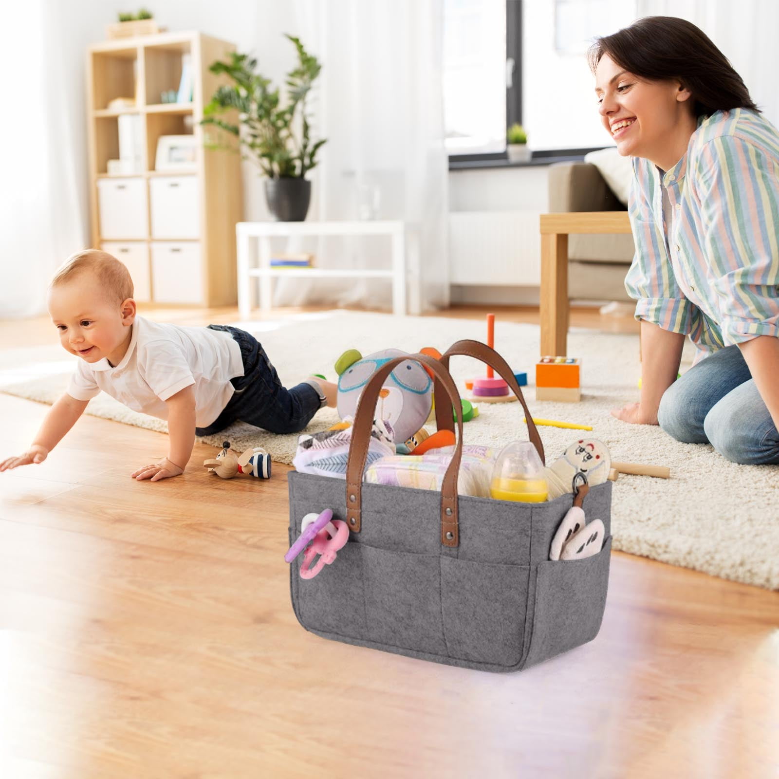 Zeceouar Foldable Nursery Diaper Caddy Organizer with Removable Inserts (Grey, 13 in x 7 in x 6 in) ky6p7