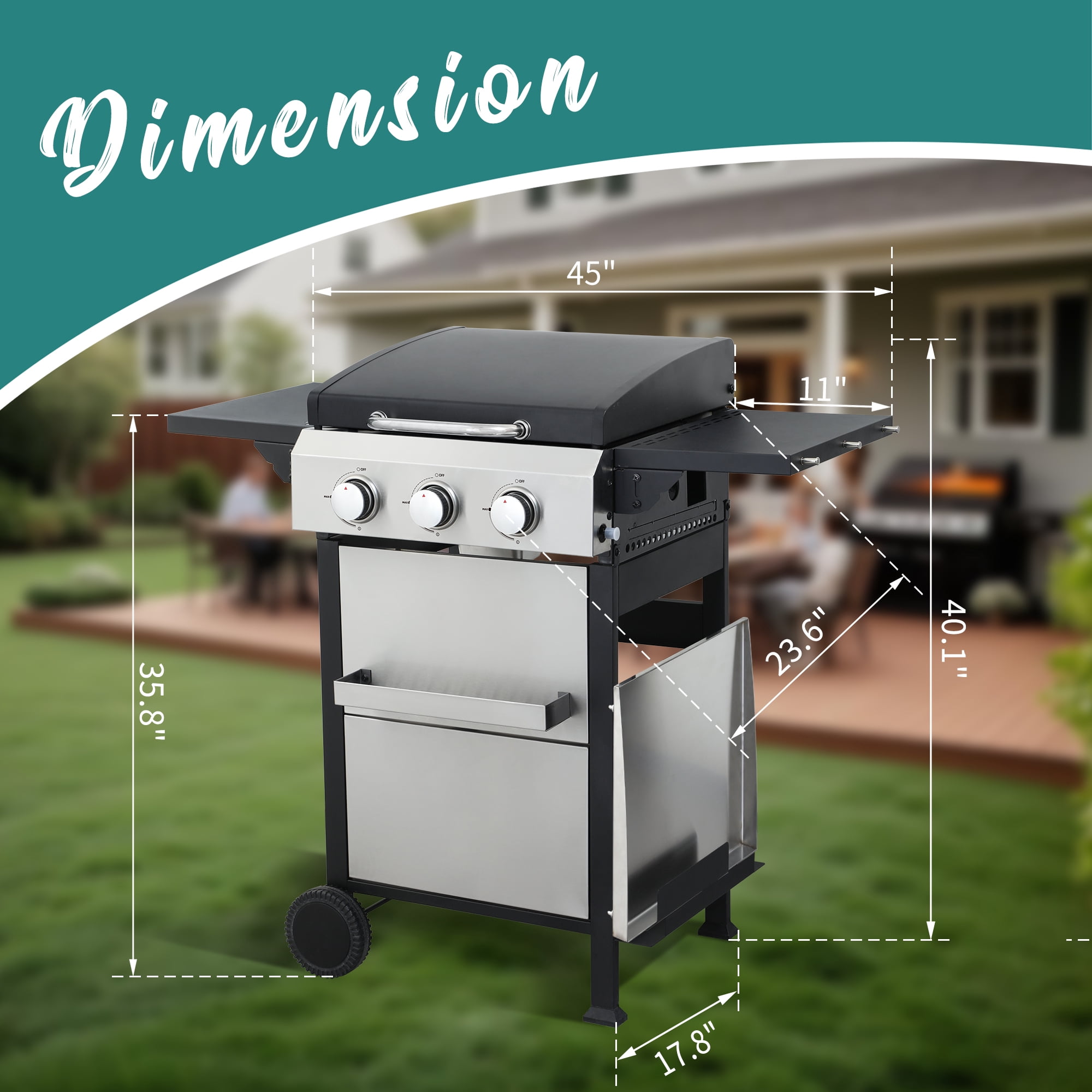 Nice Coker 3-Burner Propane Gas Grill with Griddle Combo, Outdoor BBQ Station with Folding Side Table (Silver, 36,900 BTU) g1qvo
