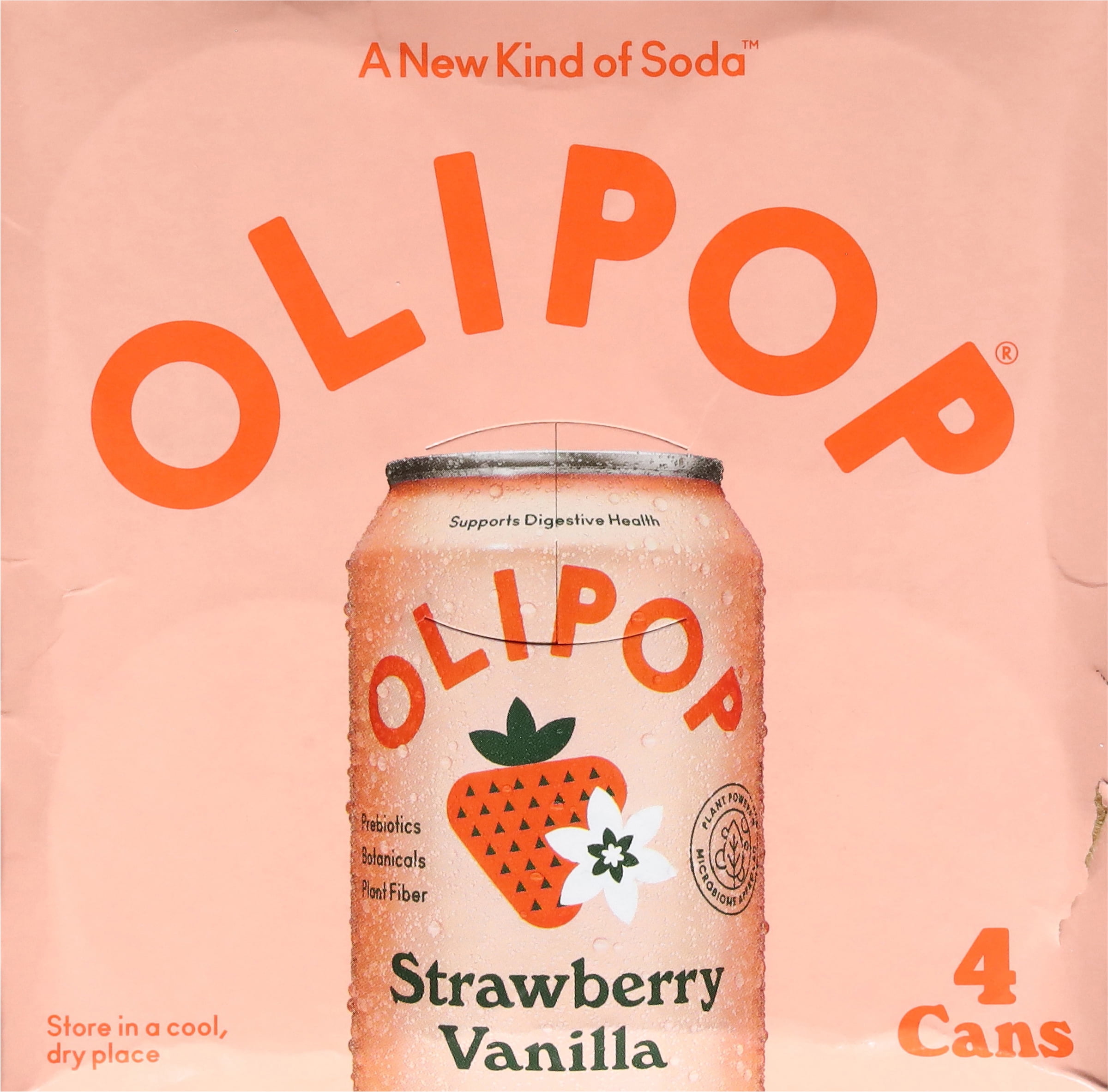 OLIPOP Prebiotic Soda, Strawberry Vanilla, Digestive Health Support Drink (4 Pack, 12 fl oz) ux7nr