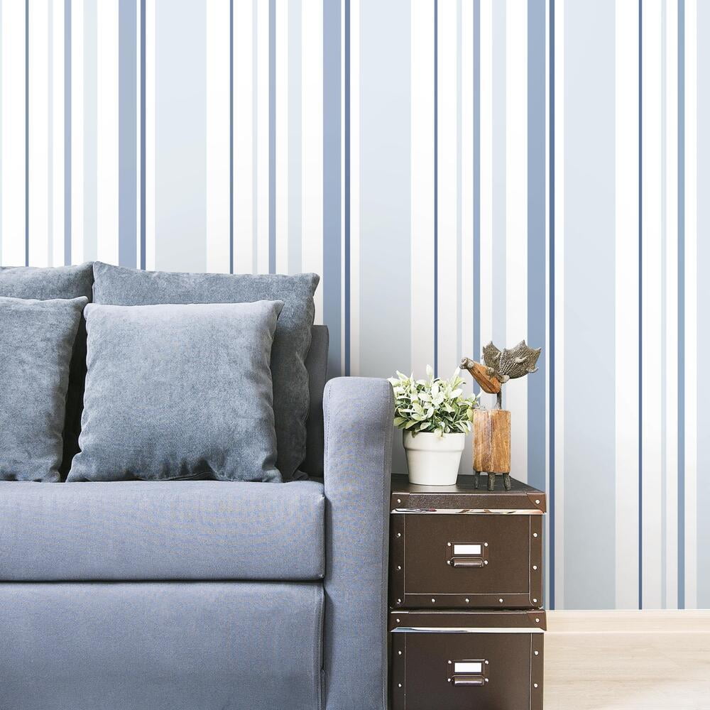 RoomMates Stripes Peel and Stick Wallpaper, Removable Self-Adhesive Wall Decor (Blue, 20.5 in x 16.5 ft) 6ei4f
