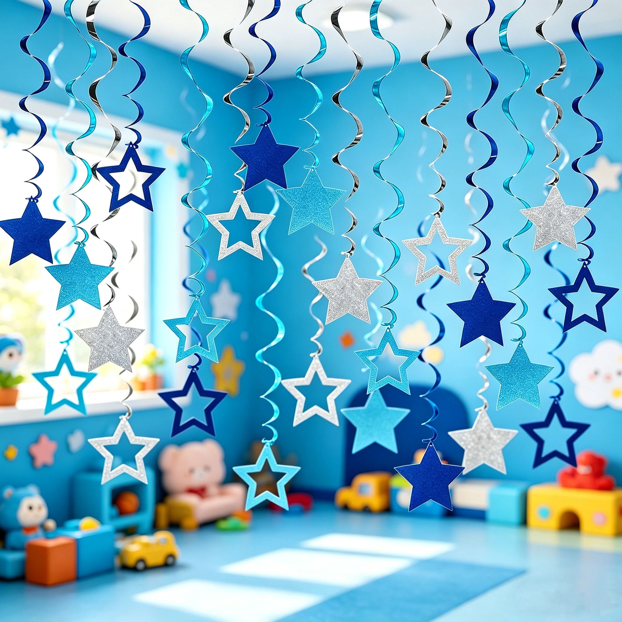 Tripumer Star Swirl Hanging Decorations Party Streamers for Birthdays and Weddings (Silver Blue, 24 Pack) g3ppe