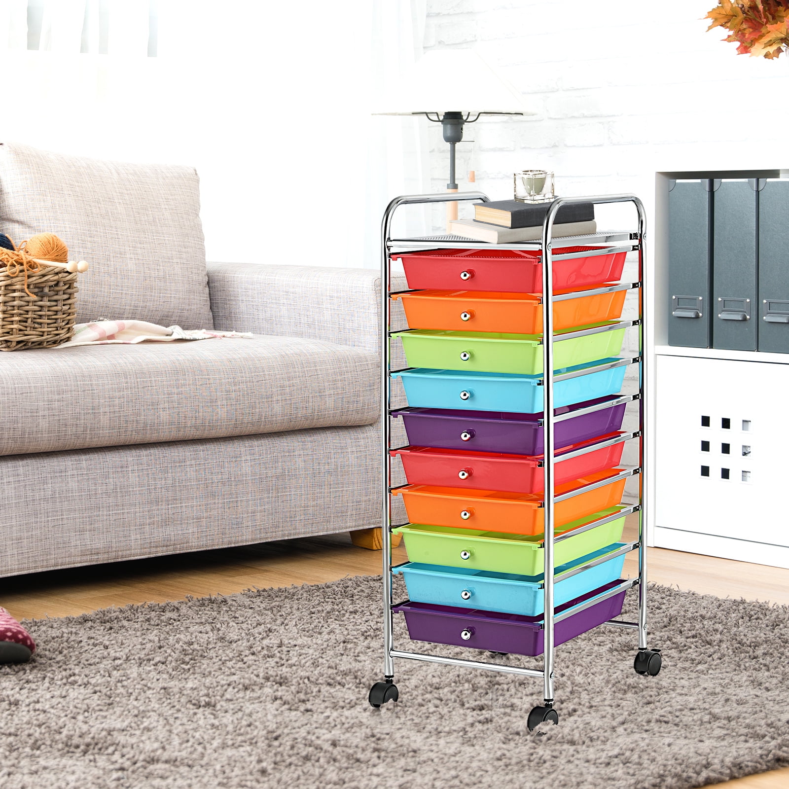Costway Rolling Storage Cart with 10 Drawers, Mobile Organizer for Office and School (Multicolor, 38 in x 15 in x 13 in) 2wfoq