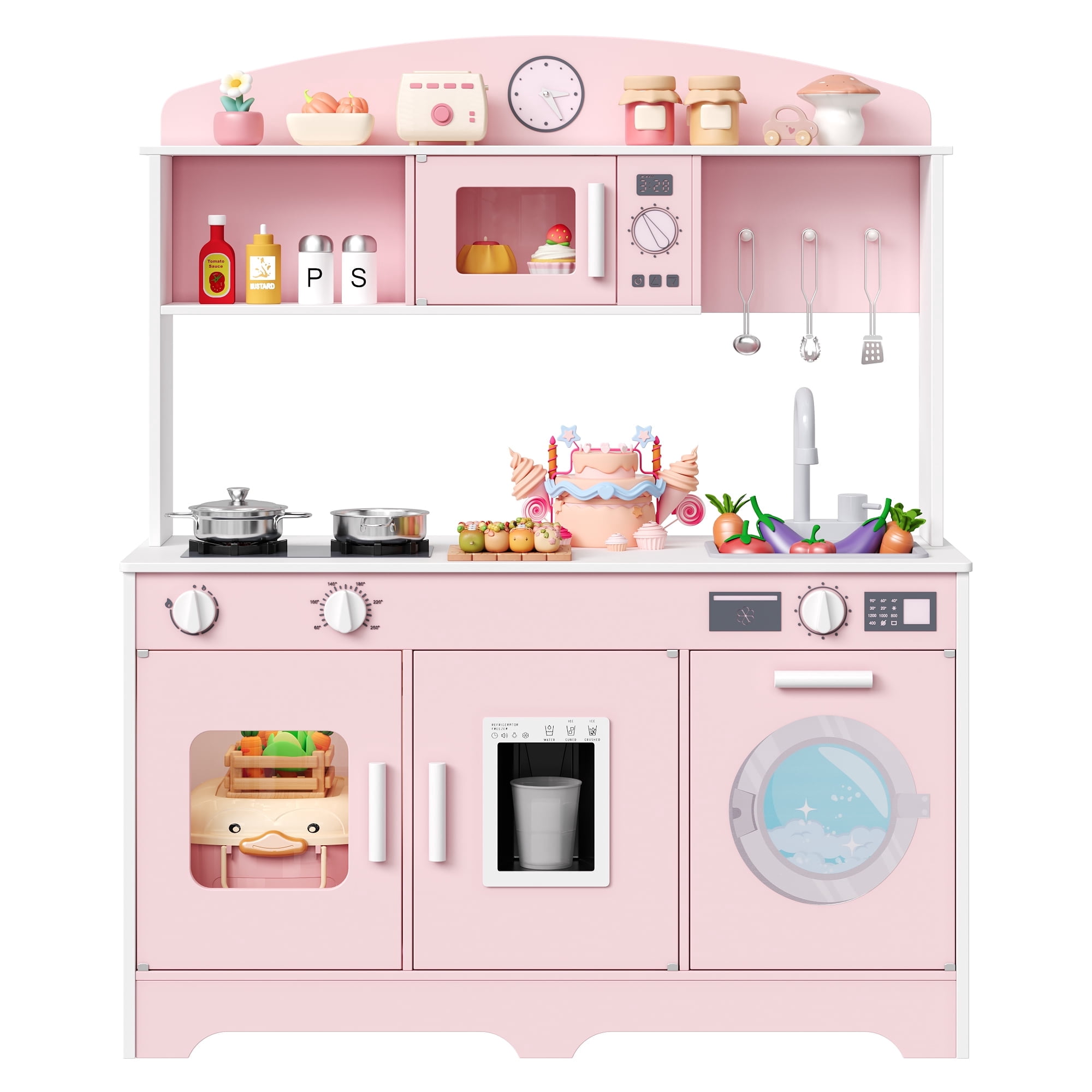 Hiphuta Wooden Kids Play Kitchen Set with 11 Accessories, Interactive Pretend Cooking Station (Pink, 1 Set) rk68r